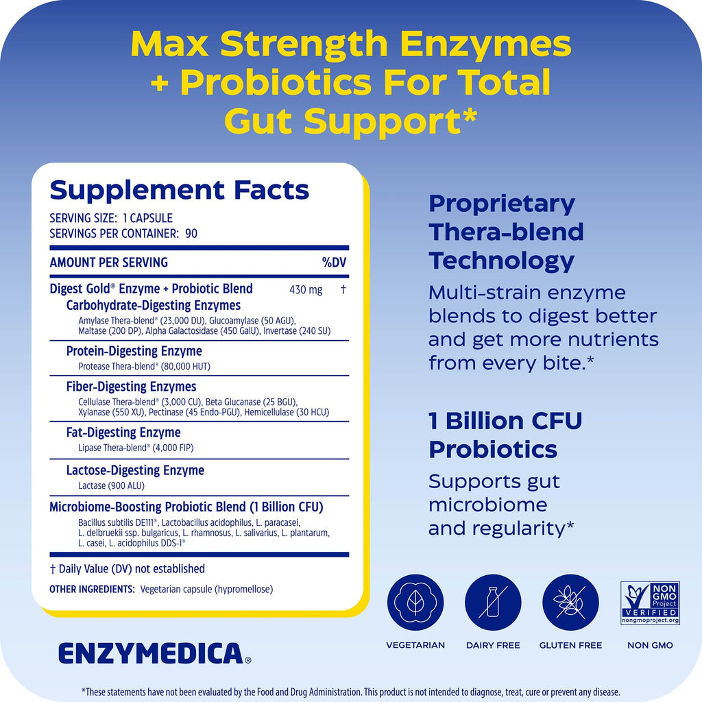 Enzymedica Digest Gold + Probiotics - Digestive Enzyme Supplement for Women & Men, Enzyme and Probiotic Capsules for Digestion, Gut Health Support,