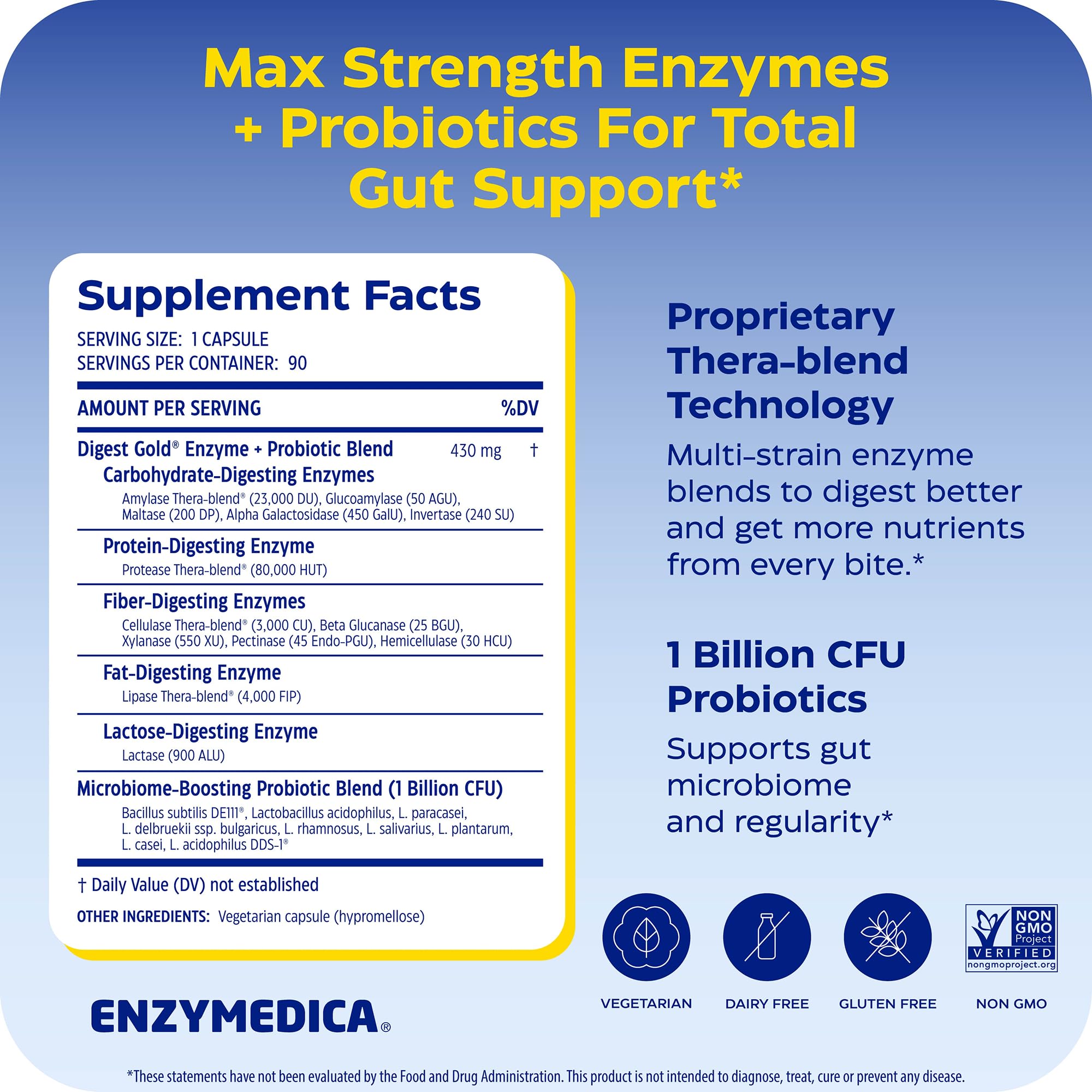 Enzymedica Digest Gold + Probiotics - Digestive Enzyme Supplement for Women & Men, Enzyme and Probiotic Capsules for Digestion, Gut Health Support,