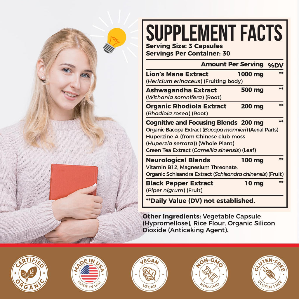 Ashwagandha & Lions Mane Supplements Capsules, Brain Supplements for Memory and Focus, Ashwagandha with Rhodiola Rosea for Cognitive, Immune Support, Cortisol Supplements for Women, 90 Capsules Zylvrax Au supplements