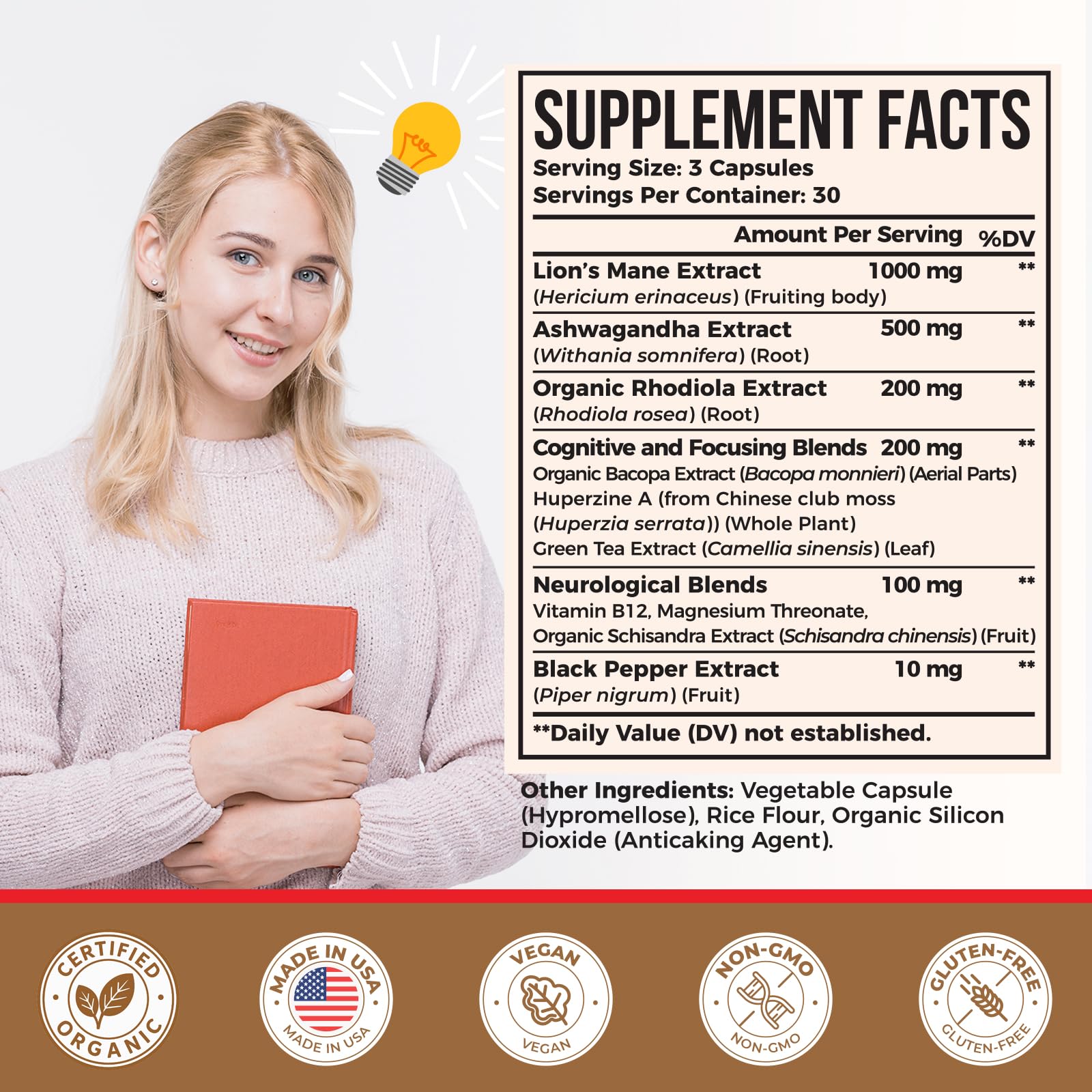 Ashwagandha & Lions Mane Supplements Capsules, Brain Supplements for Memory and Focus, Ashwagandha with Rhodiola Rosea for Cognitive, Immune Support, Cortisol Supplements for Women, 90 Capsules Zylvrax Au supplements