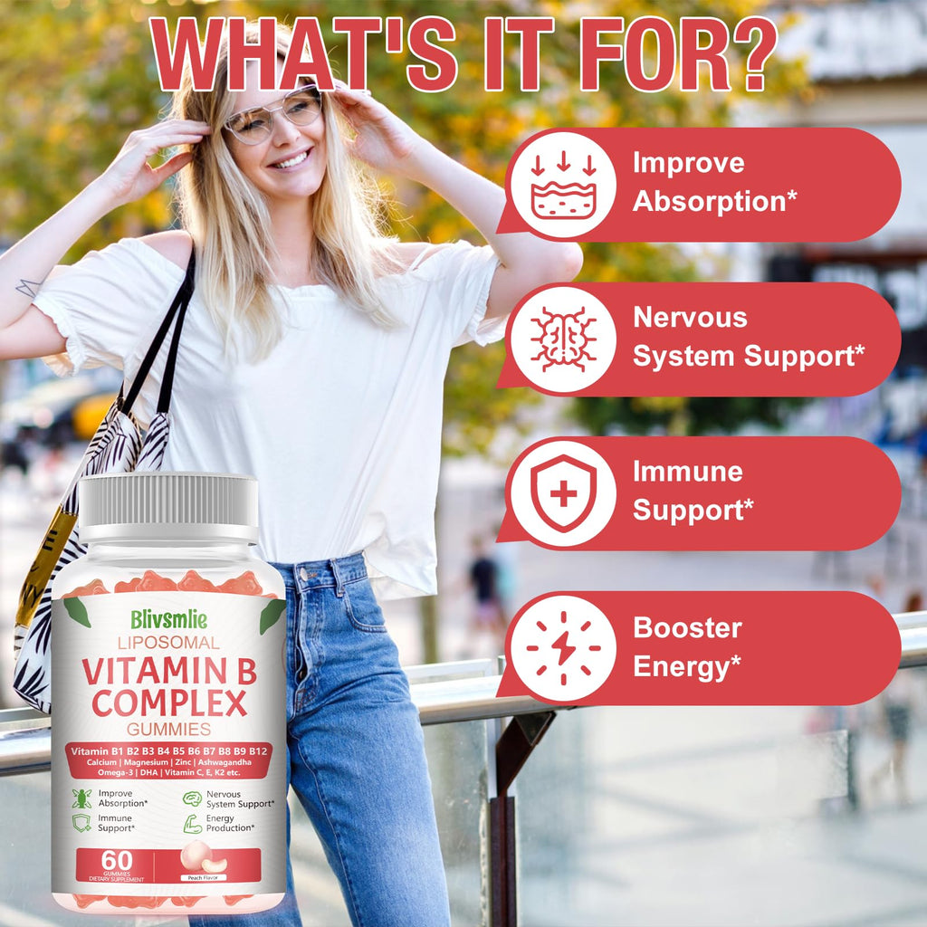 Blivsmlie 2 Pack 33-in-1 Liposomal Vitamin B Complex Gummies -B1, B2, B3, B4, B5, B6, B7, B8, B9,B12 | Vitamin C, D3,K2|Calcium,Magnesiun,Zinc etc.for Energy
