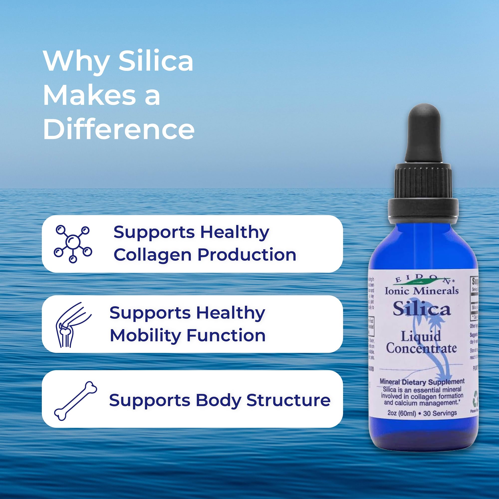 Eidon Liquid Silica Mineral Concentrate - Silica Supplement for Hair, Skin, and Nails, Supplement Drops to Support Collagen Production & Hair Loss