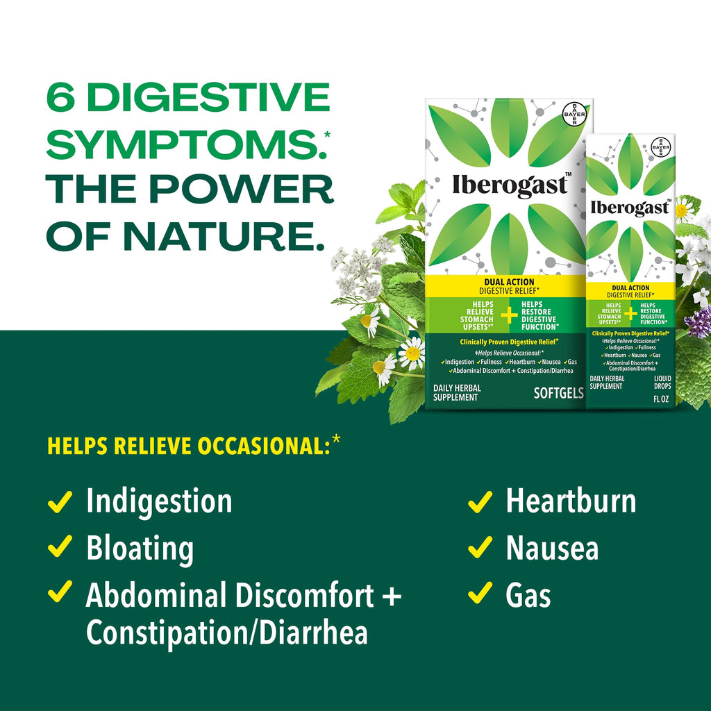 Iberogast Softgels, Herbal Relief of Stomach Upsets: Occasional Indigestion, Bloating, Gas, Nausea, Upset Stomach; 6-Herb Blend with Iberis Amara,