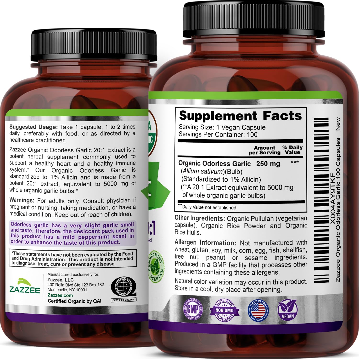 Zazzee USDA Organic Odorless Garlic 20:1 Extract, 1% Allicin, 100 Vegan Capsules, 3+ Month Supply, Allium Sativum, Immune, Circulation & Heart Health Support