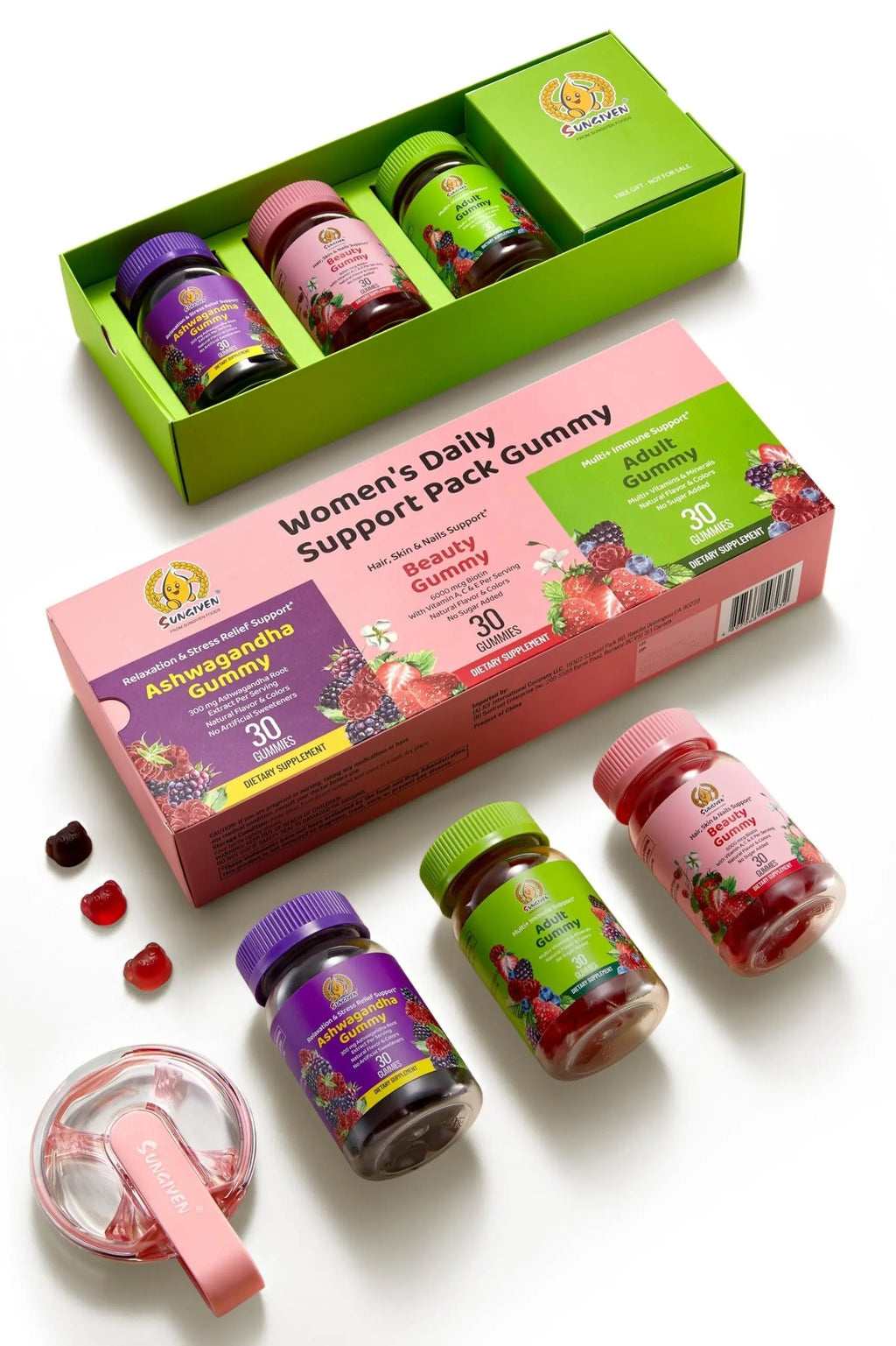 Women's Multivitamin Gummy Pack, 3 Support for Hair Skin Nails Sleep Daily Health, Vitamins A, D, C, E, Biotin, Ashwagandha SUNGIVEN Au supplements