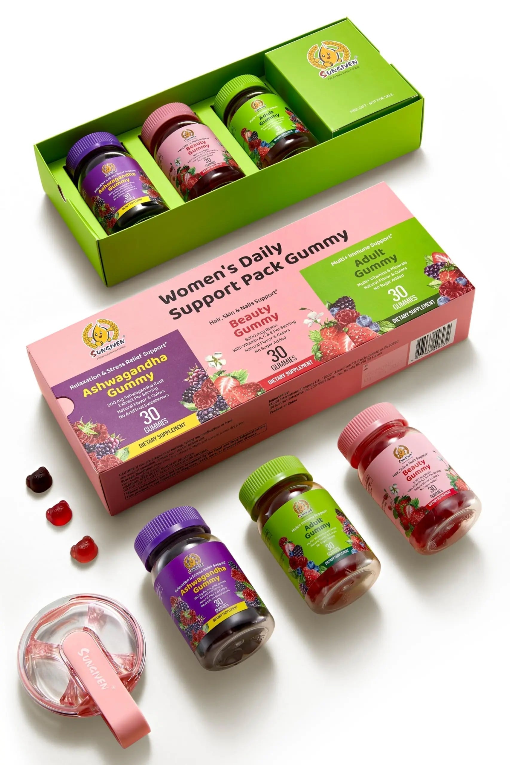 Women's Multivitamin Gummy Pack, 3 Support for Hair Skin Nails Sleep Daily Health, Vitamins A, D, C, E, Biotin, Ashwagandha SUNGIVEN Au supplements