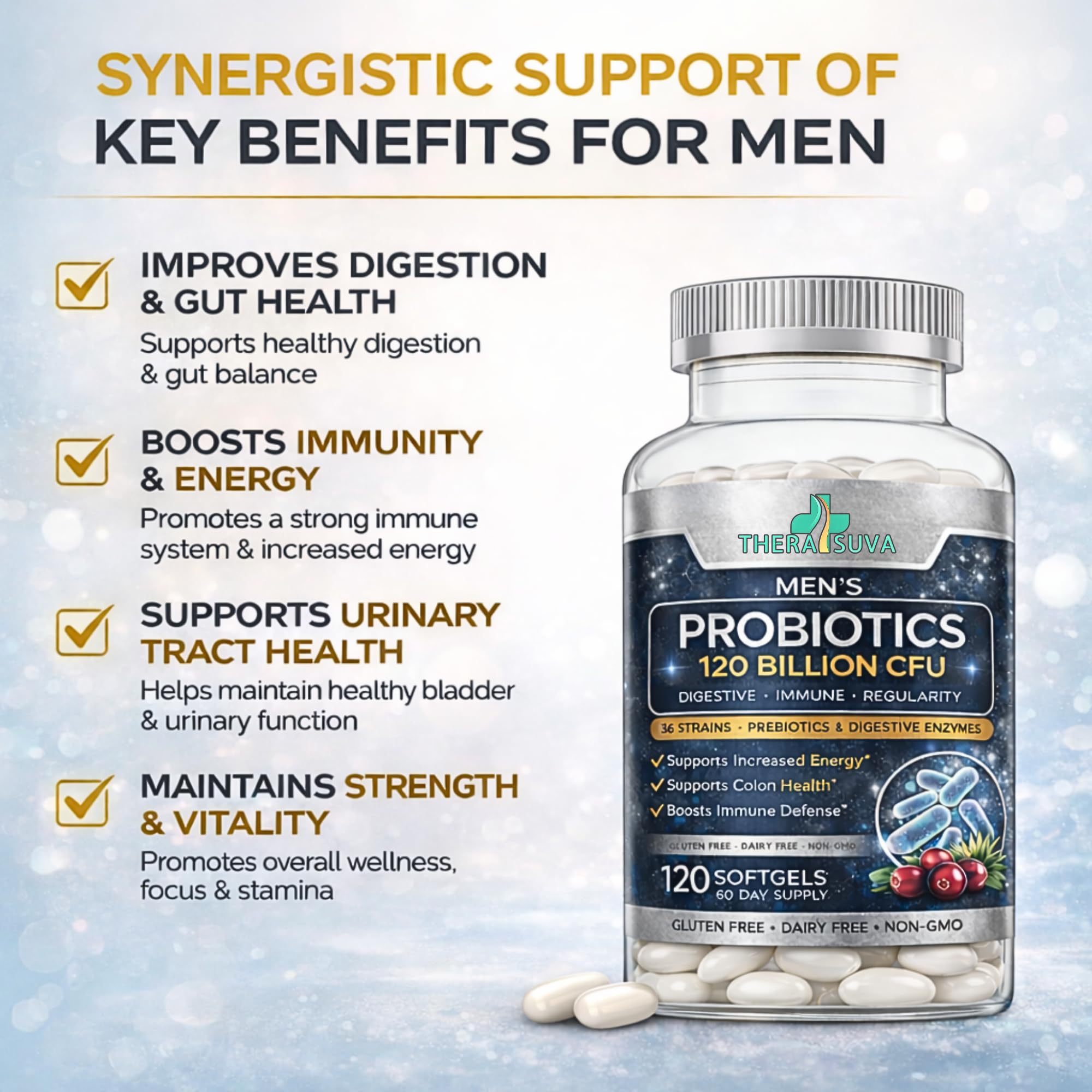 Men’s Advanced Probiotics 120 Billion CFU - 36 Strains + Prebiotics, Enzymes & Veggie Blend for Gut, Immune & Colon Health - 2 Month Supply, 120 Softgels