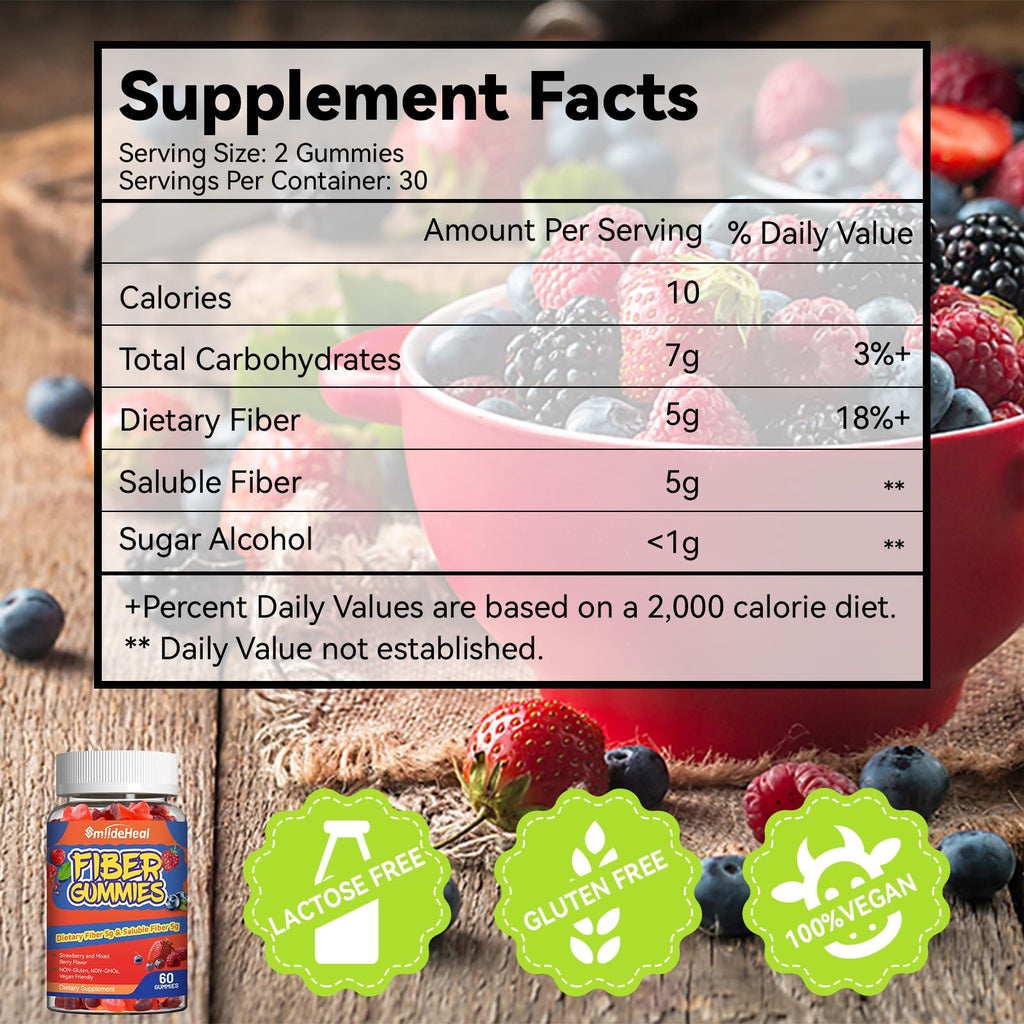 SmildeHeal Fiber Gummies, Dietary Fiber, for Women and Men, Gut Health Support, Non-GMOs, Non-Gluten, Vegan, Mixed Berry and Strawberry Flavor, 60 Count Gummies
