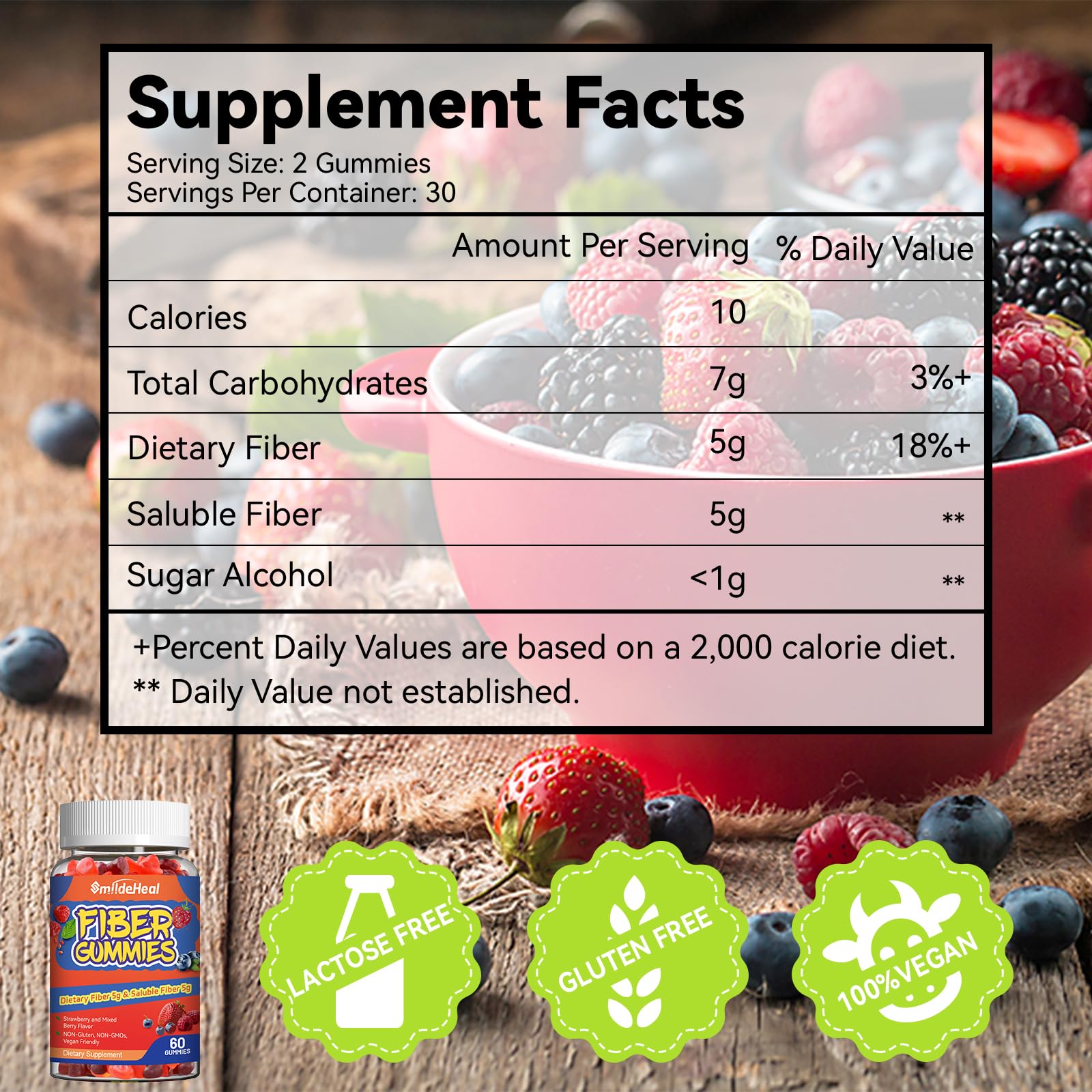 SmildeHeal Fiber Gummies, Dietary Fiber, for Women and Men, Gut Health Support, Non-GMOs, Non-Gluten, Vegan, Mixed Berry