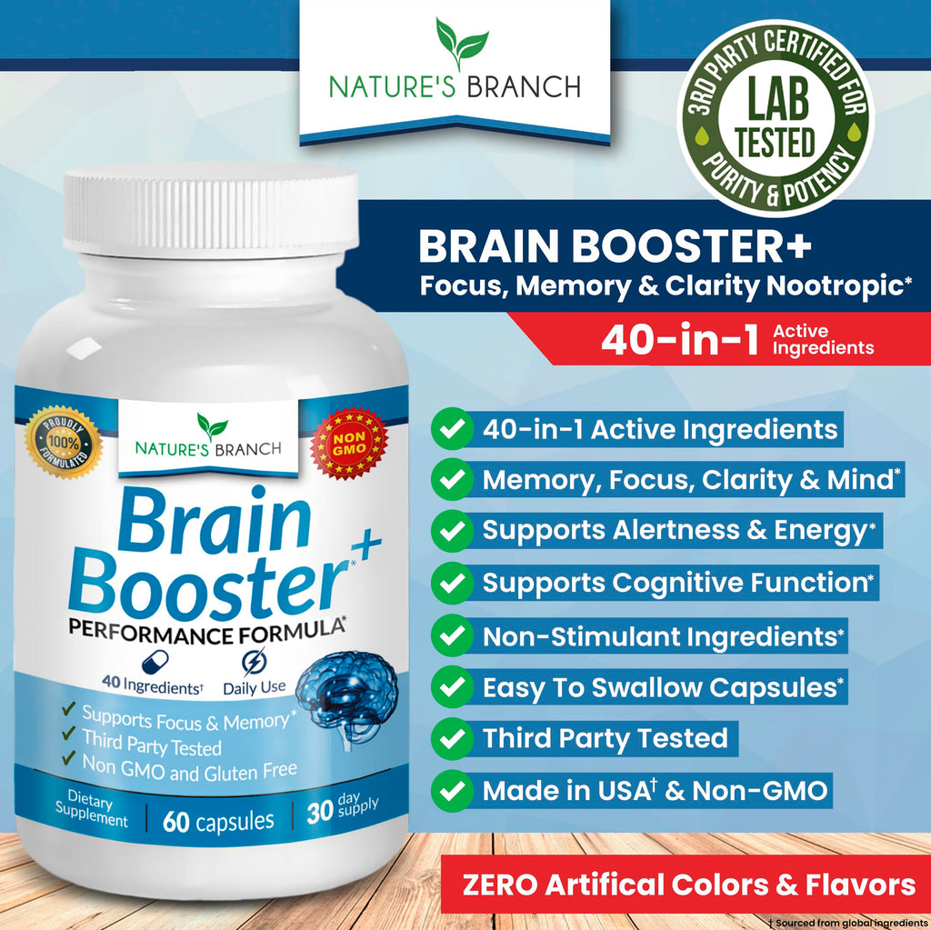 40-in-1 Brain Booster Supplement for Focus, Memory, Clarity, Energy | Advanced Vitamins Plus eBook | for Men & Women, Cognitive Function Nootropic Support with DMAE, Mind Health Formula | 60 Capsules NATURE'S BRANCH Au supplements