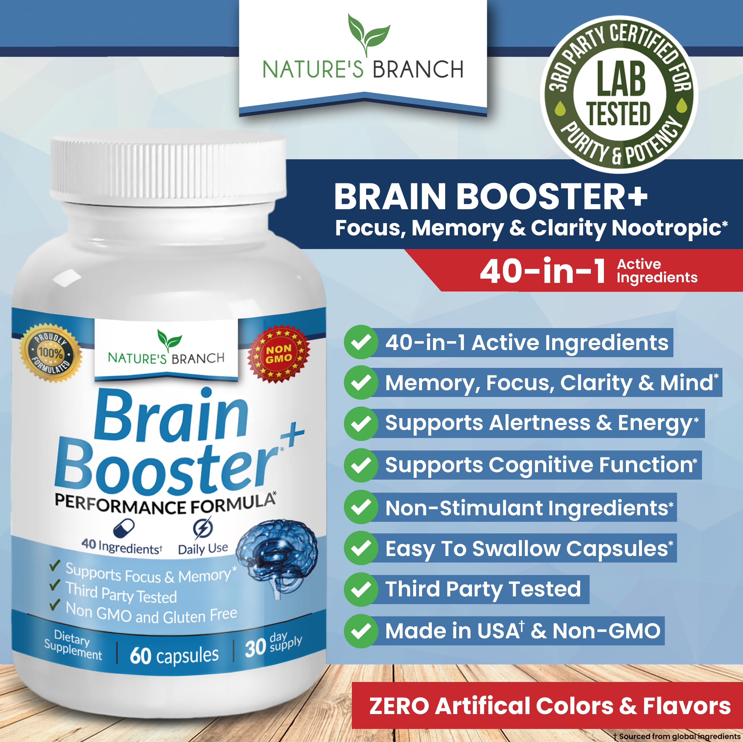 40-in-1 Brain Booster Supplement for Focus, Memory, Clarity, Energy | Advanced Vitamins Plus eBook | for Men & Women, Cognitive Function Nootropic Support with DMAE, Mind Health Formula | 60 Capsules NATURE'S BRANCH Au supplements