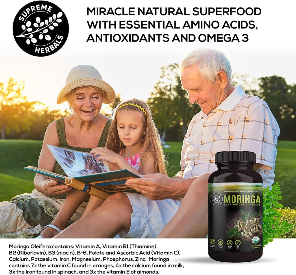 SUPREME HERBALS, 100% Raw and Pure Moringa Leaf Powder Capsules. Organic Certified Moringa Leaf. Natural Superfood with Essential Amino Acids
