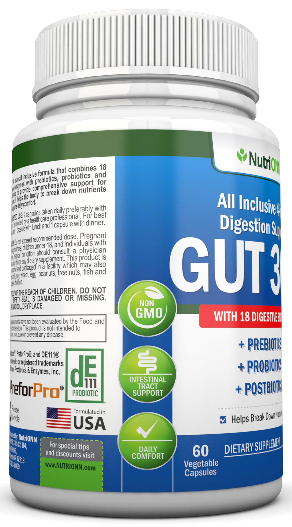 4-in-1 Probiotics, Prebiotics & Postbiotics with 18 Digestive Enzymes for Women & Men - Complete Gut & Digestive Support Supplement