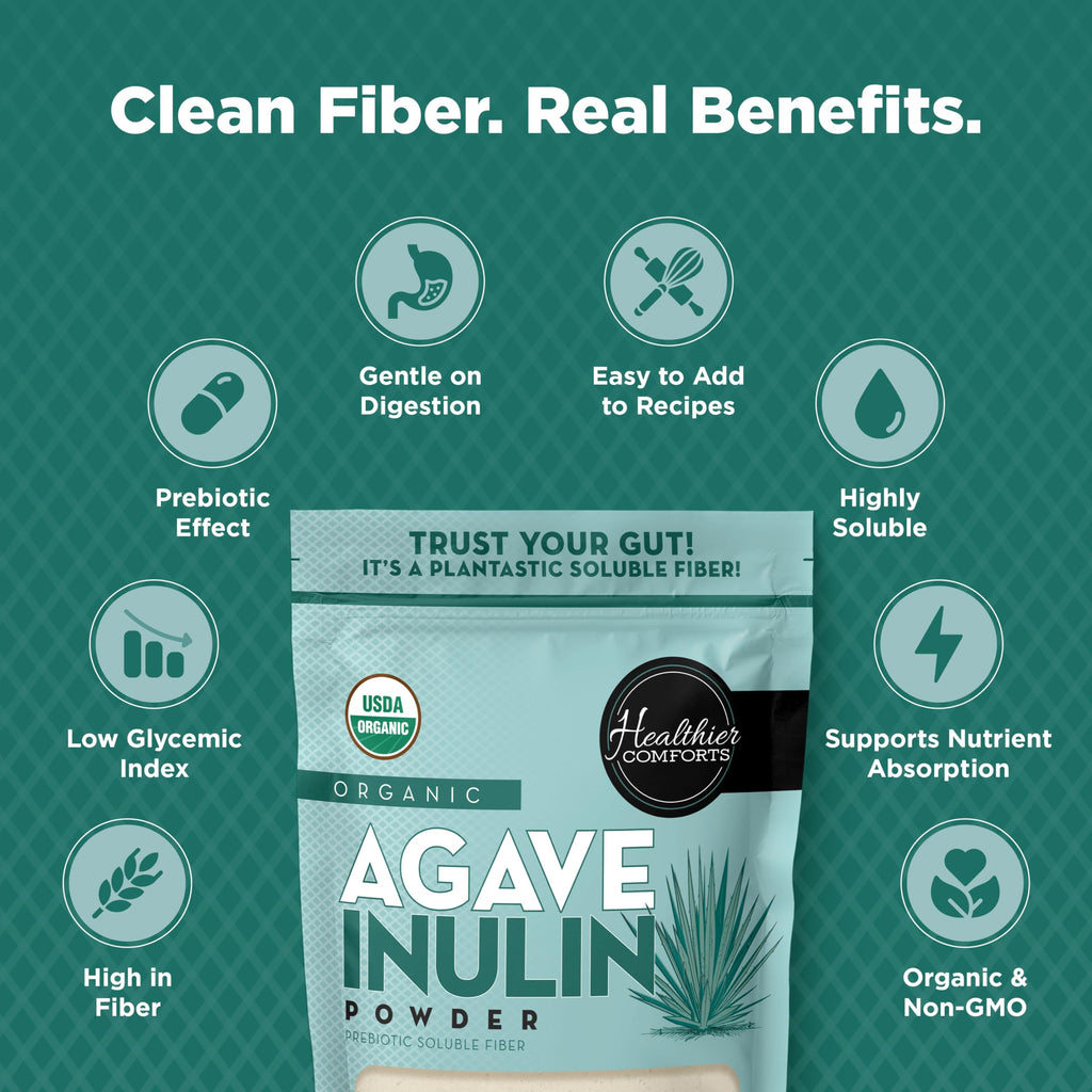 Healthier Comforts Organic Inulin Powder (12 oz) from Blue Agave | Soluble Prebiotic Fiber, Gentle on Digestion, Non-GMO | Perfect for Coffee, Baking & Cooking