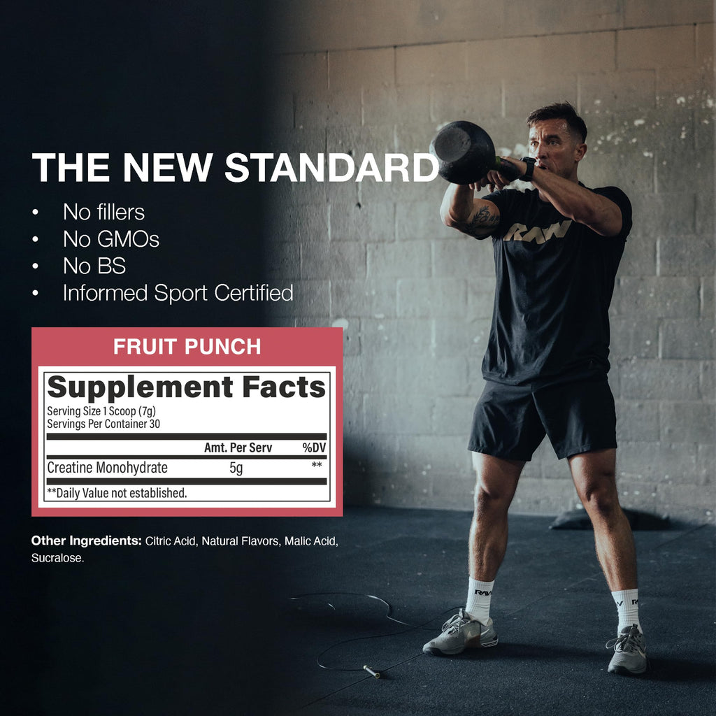 RAW Nutrition Creatine Monohydrate Powder, Fruit Punch (30 Servings) - Micronized Creatine Monohydrate Supplement for Workout Performance, Build Muscle & Strength