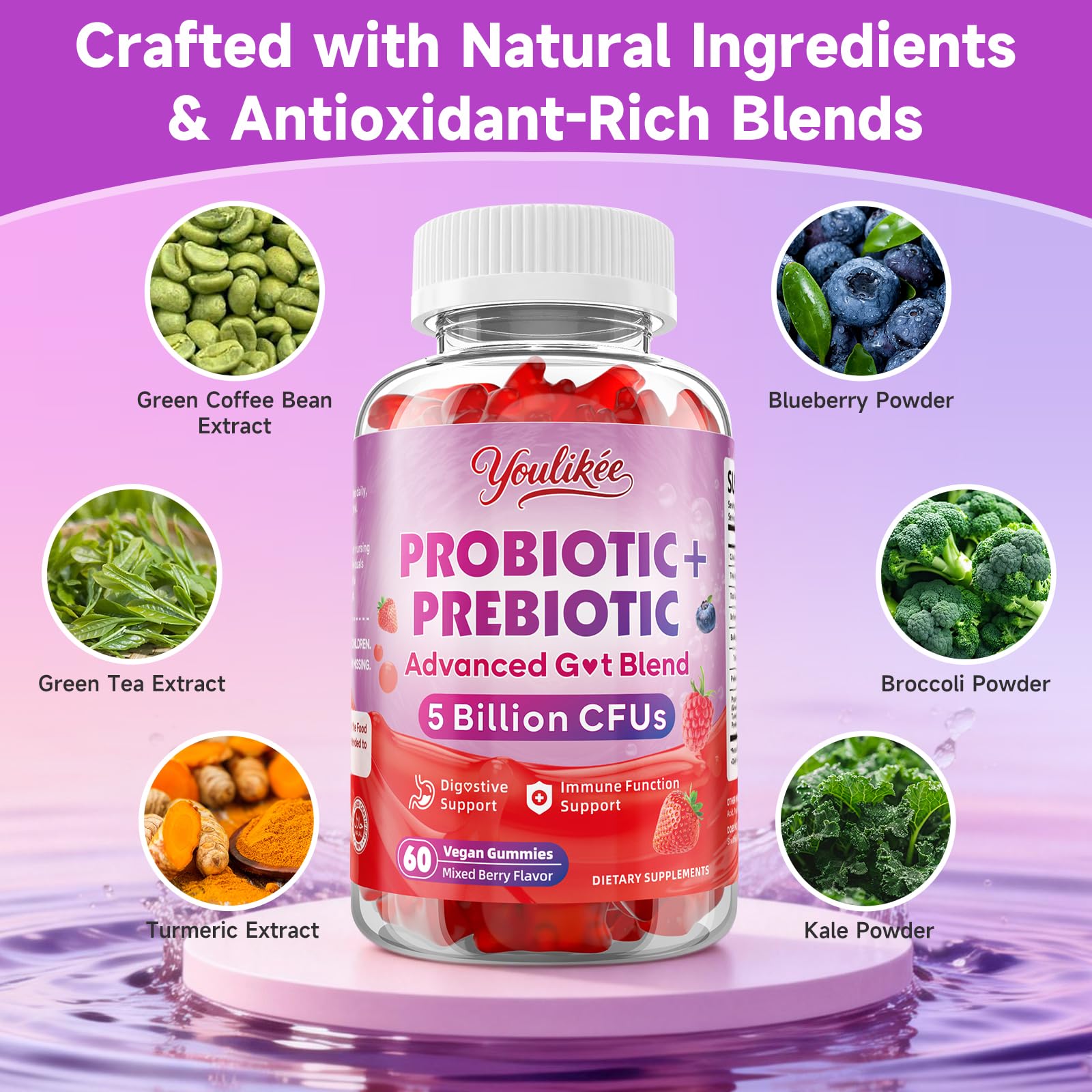 Youlikee 2 Pack Prebiotic + Probiotic Gummies for Women and Men, Probiotic Gummies Supports Gut Health, 5 Billion CFUs with Fibers,