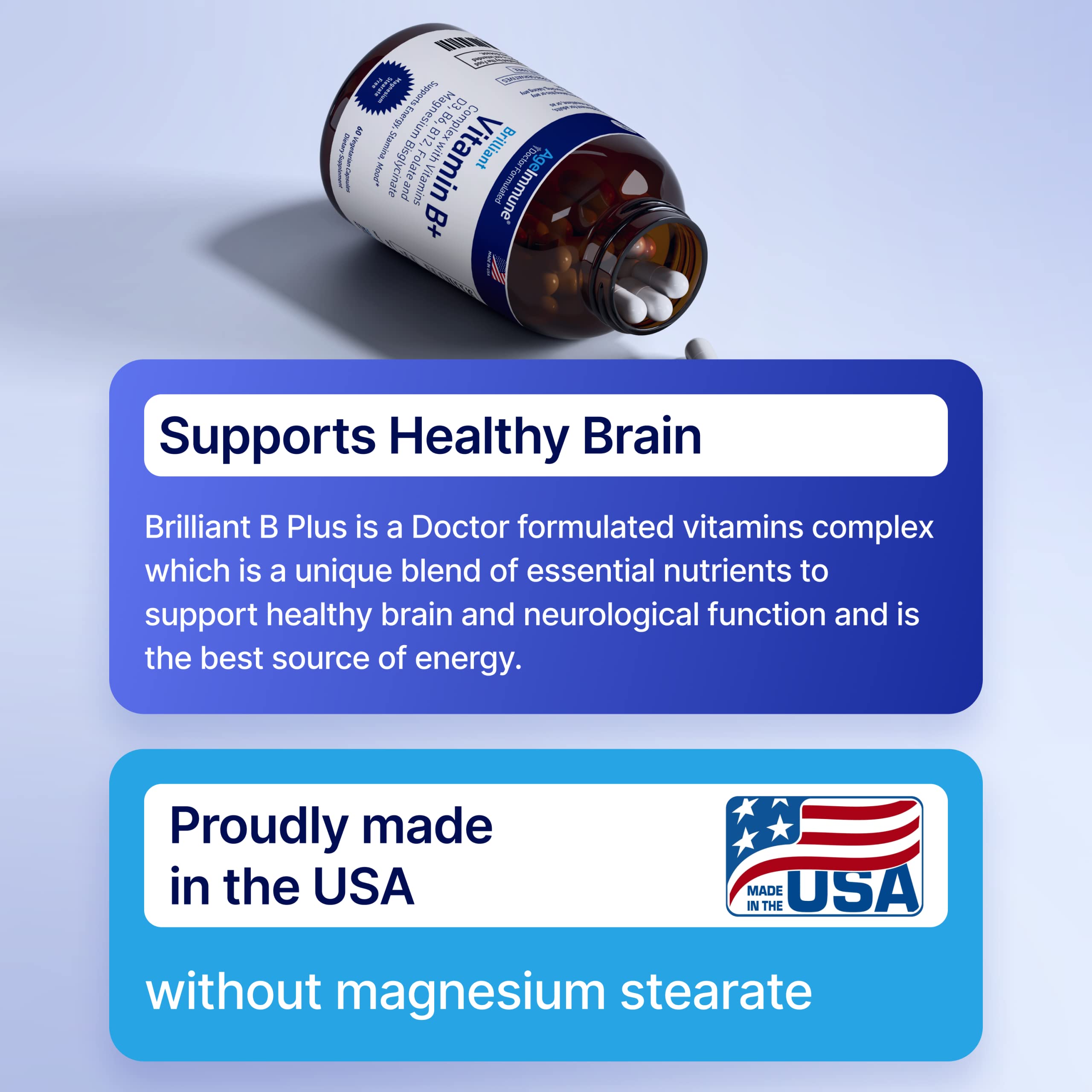 AgeImmune Vitamin B Complex with Vitamin D3 B12 B6 Magnesium Bisglycinate and Folate as Methylfolate - Doctor Formulated Methylated B Complex Supplement