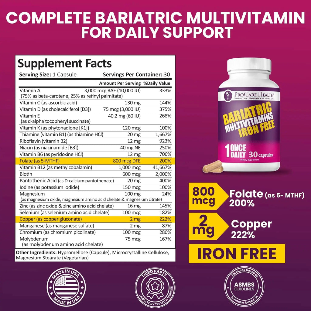 Procare Health Bariatric Multivitamin with Iron Free (30 Fast Dissolving Veggie Capsule) - Bariatric Vitamins for Gastric Sleeve & Gastric Bypass ProCare Health Au supplements