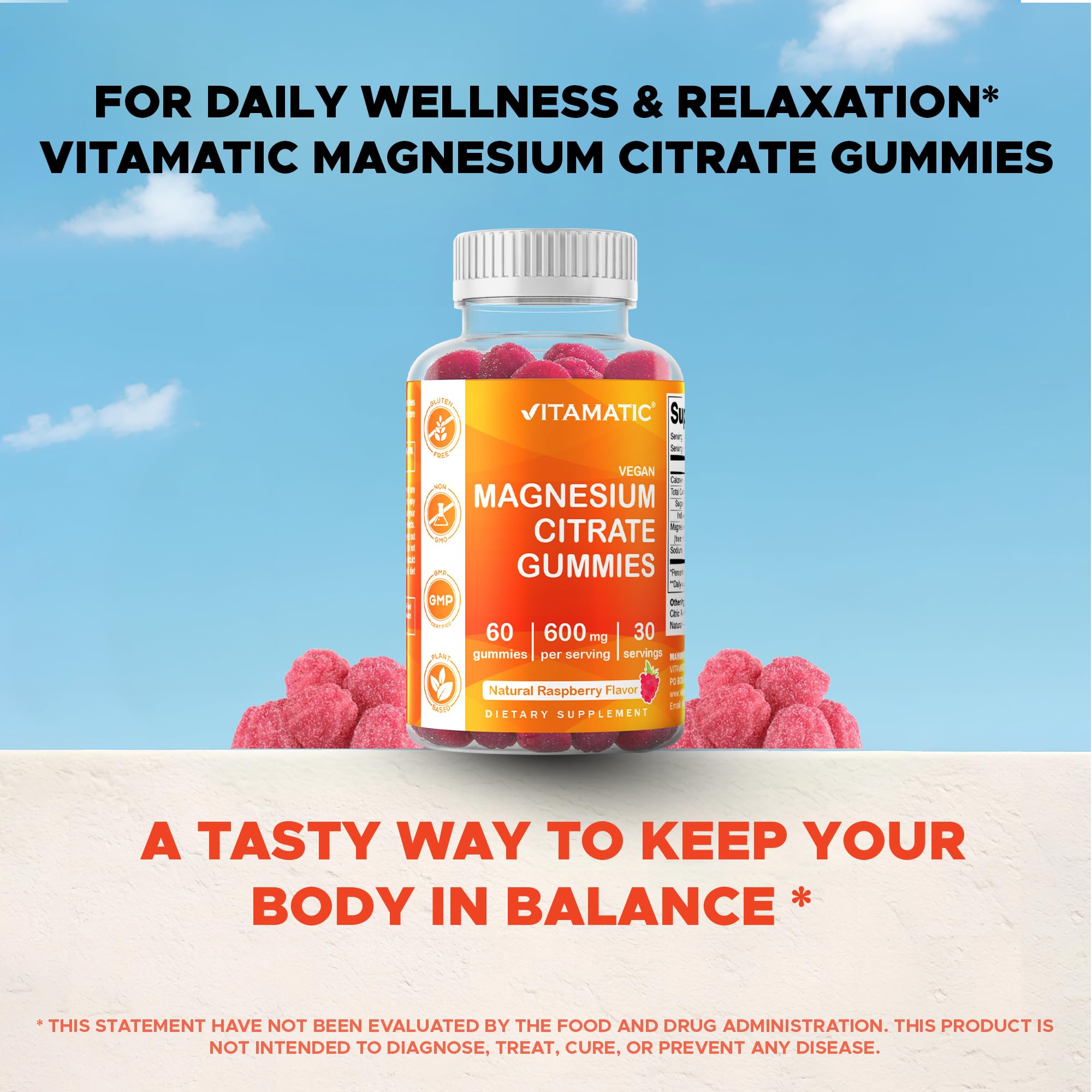 Vitamatic Magnesium Gummies 600mg per Serving – 60 Vegan Count for Relaxation, Muscle, Bone, and Energy Support
