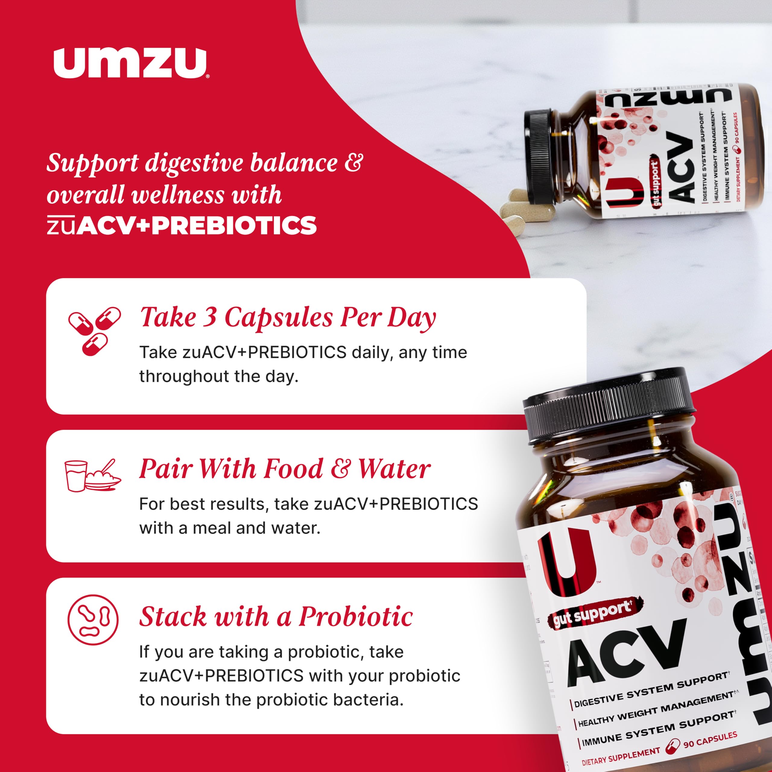 UMZU zuACV Apple Cider Vinegar + Prebiotics Supplement, (30 Day Supply) – ACV & Inulin Fiber Blend – Gut Health Support with ACV Capsules
