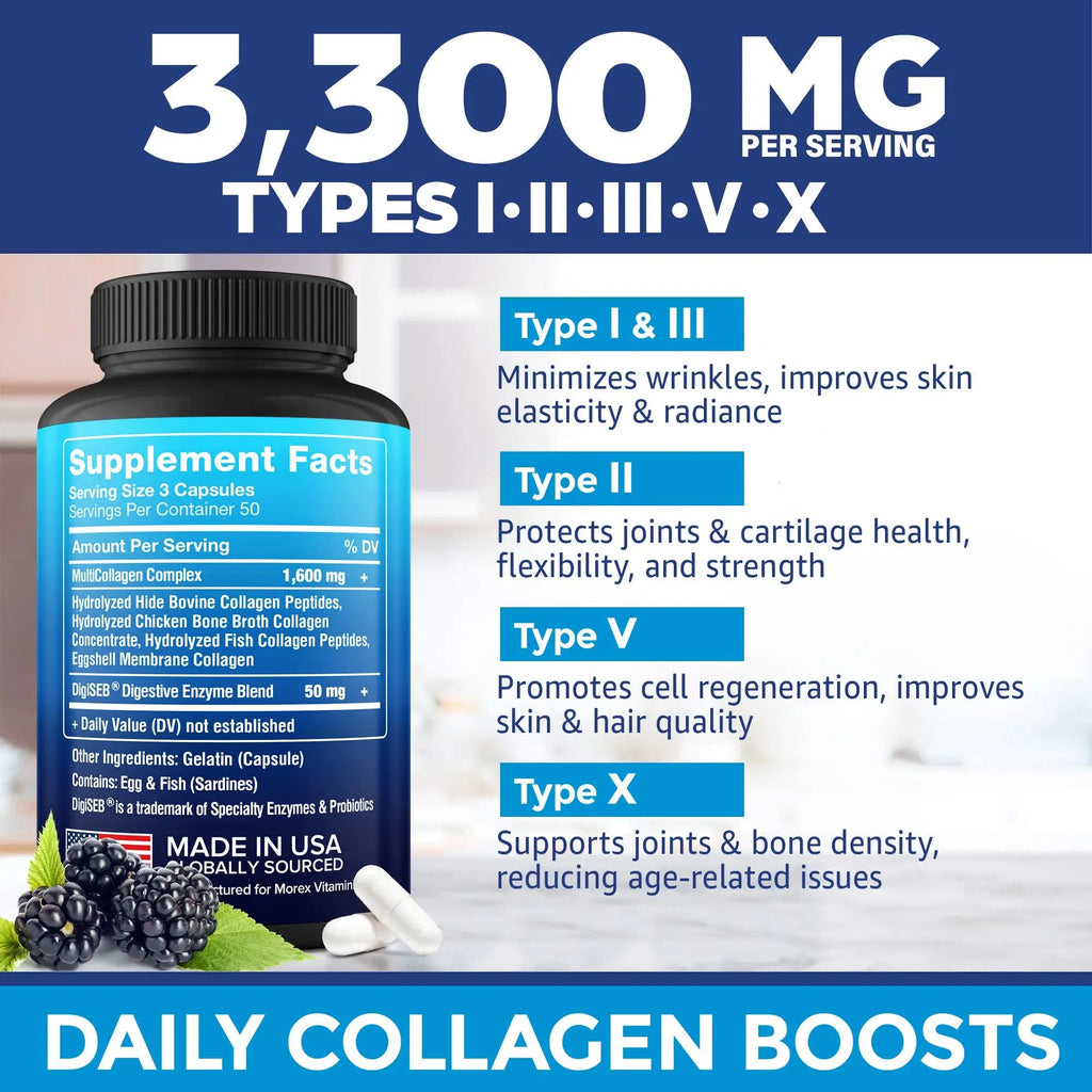 Multi Collagen Pills (Types I, II, III, V & X) - Marine Collagen & Bone Broth Capsules MOREX VITAMINS Au supplements