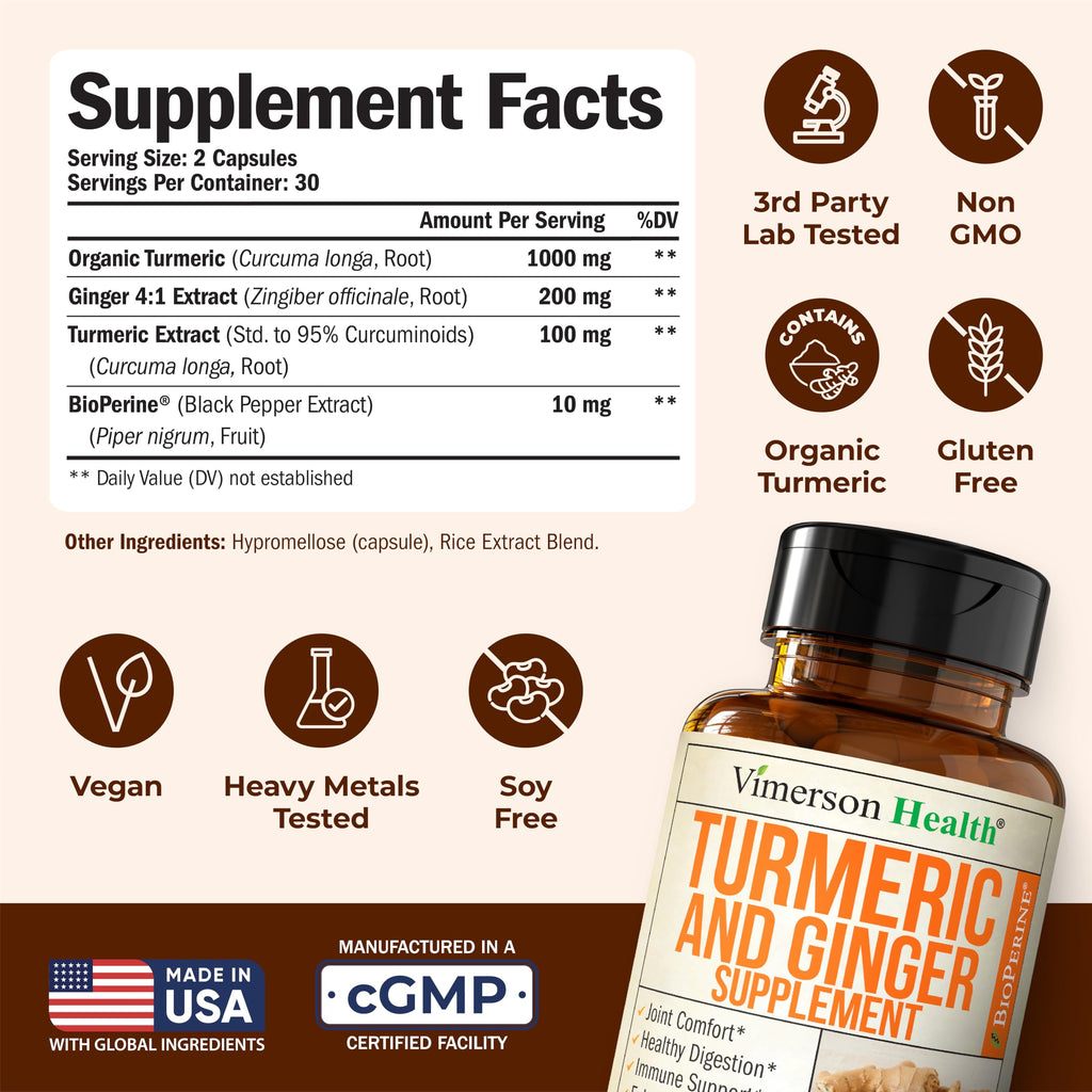Turmeric and Ginger Supplement with Black Pepper for Joint Support, Digestive & Gut Health - Contains Organic Turmeric with Ginger Root Supplement
