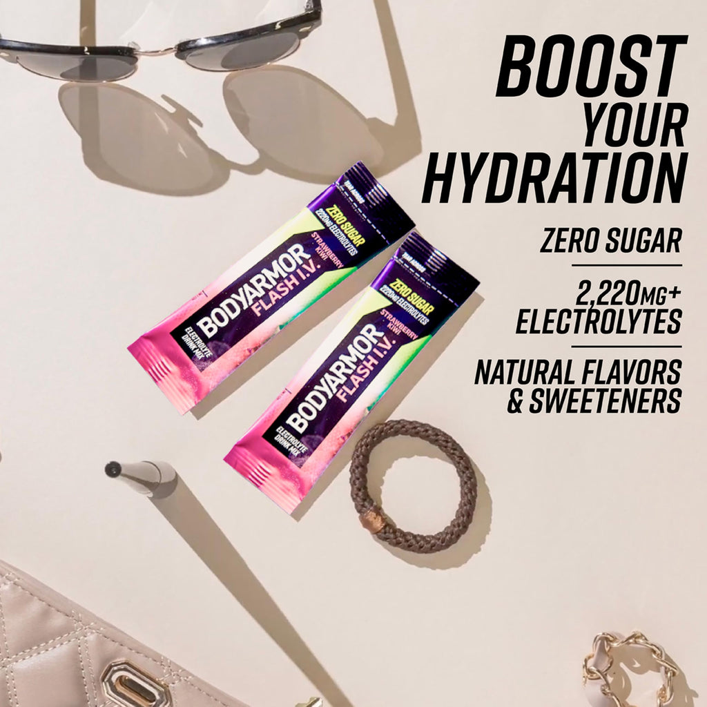 BODYARMOR Flash IV Electrolyte Packets, Strawberry Kiwi - Zero Sugar Drink Mix, Single Serve Packs, Coconut Water Powder (15 Count)