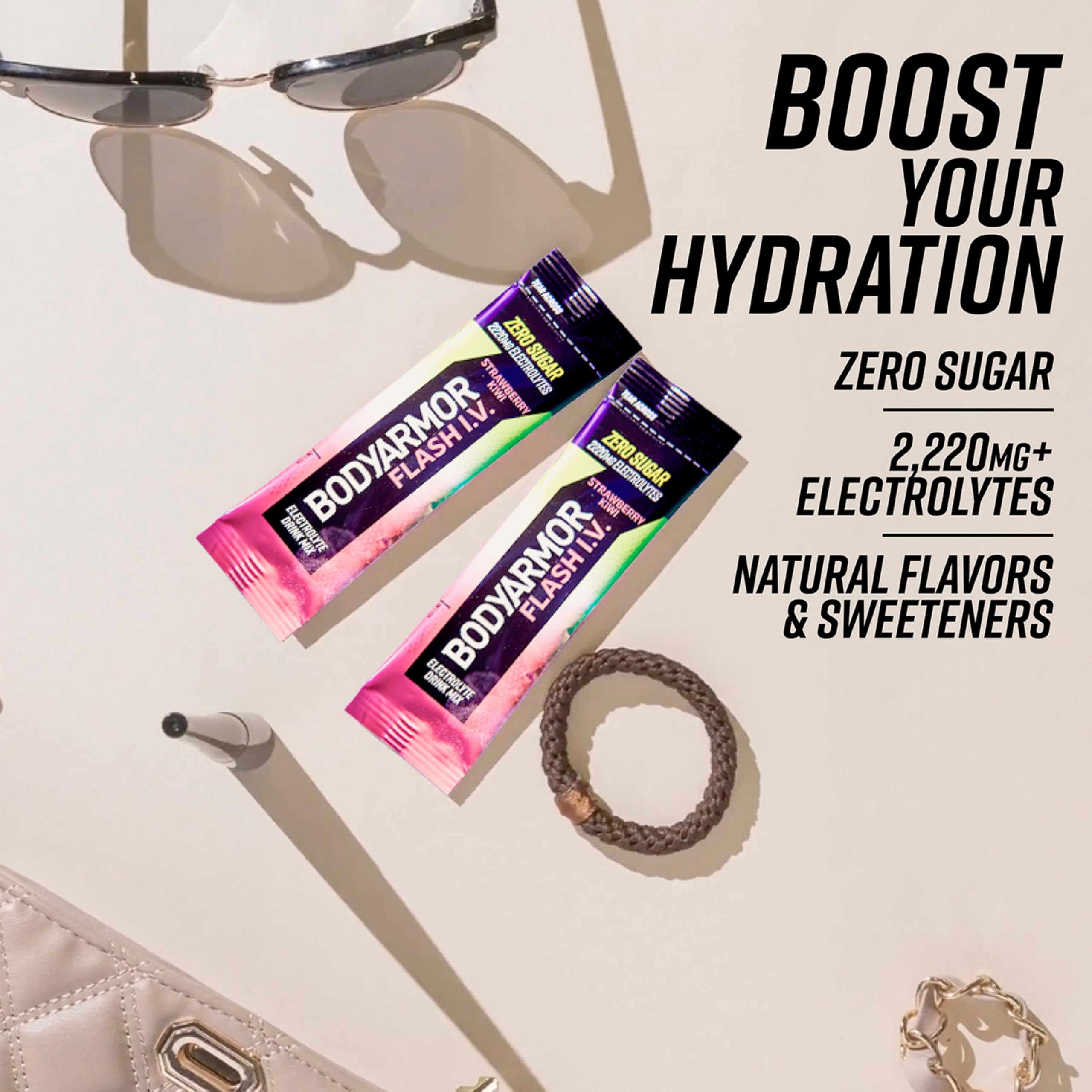 BODYARMOR Flash IV Electrolyte Packets, Strawberry Kiwi - Zero Sugar Drink Mix, Single Serve Packs, Coconut Water Powder (6 Count)