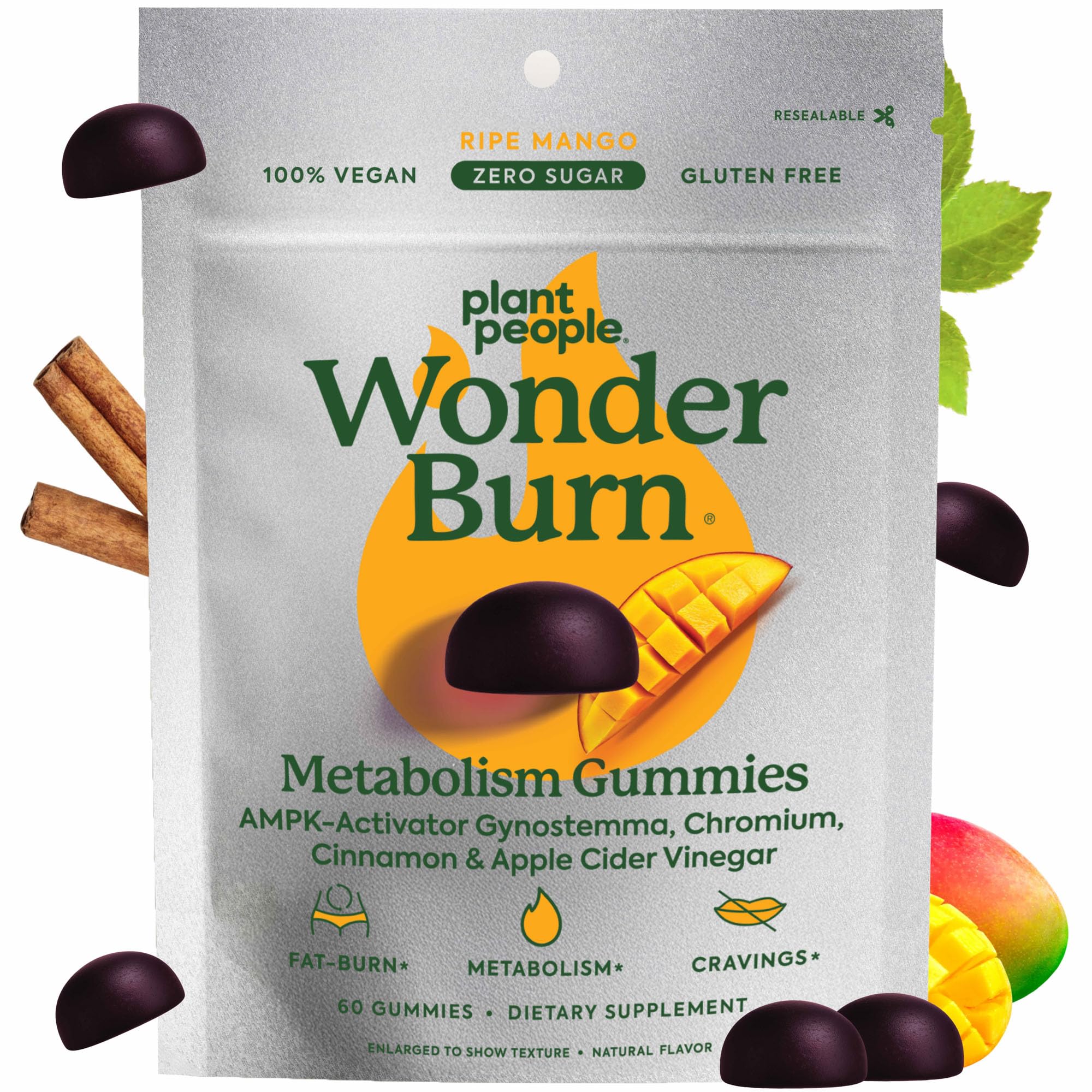 Plant People WonderBurn Metabolism & Cravings Control Gummies, Zero Sugar, Ripe Mango Flavor (60 Count)