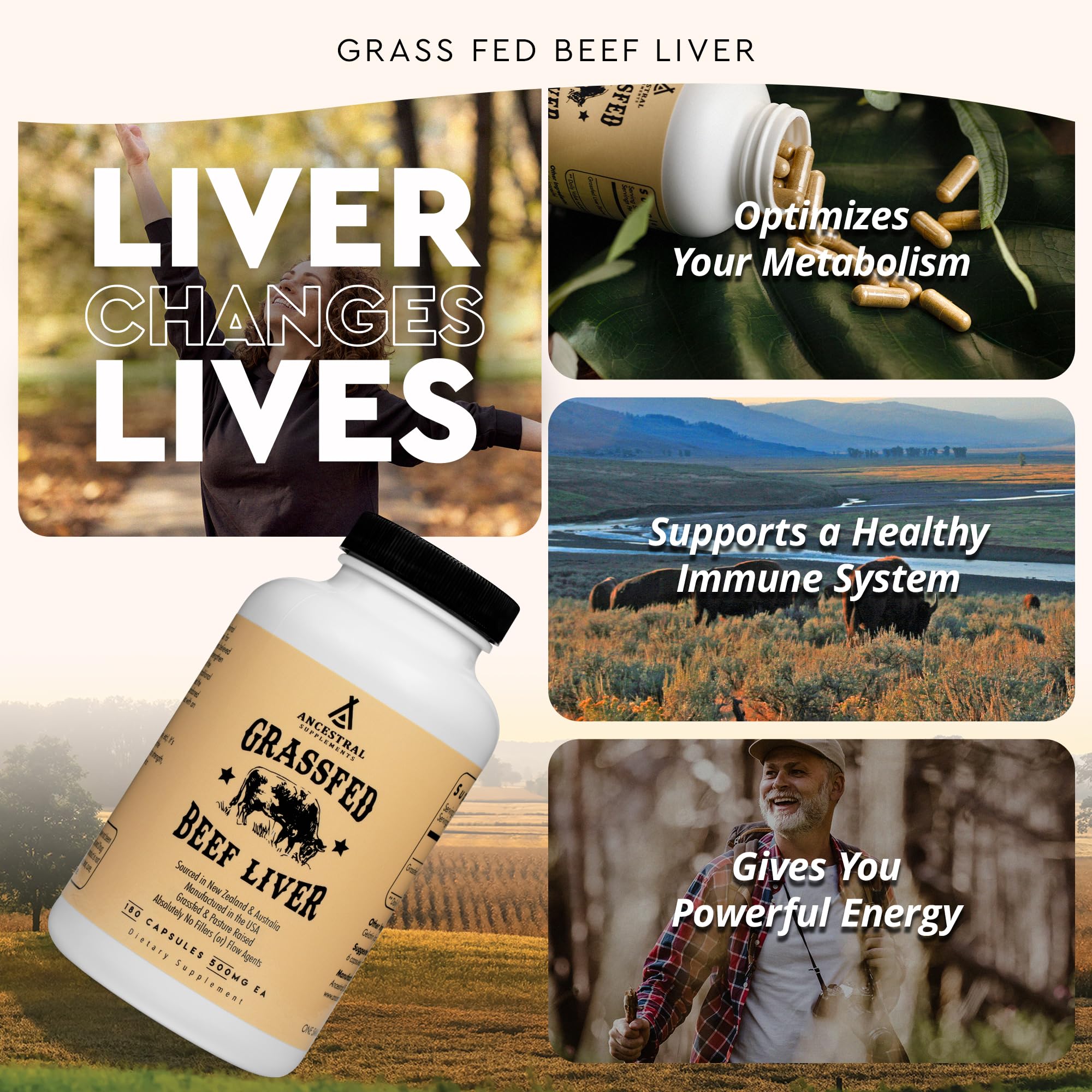 Ancestral Supplements Grass Fed Beef Liver 180 Capsules, Supports Energy Production, Detoxification, Digestion, Immunity and Full Body Wellness