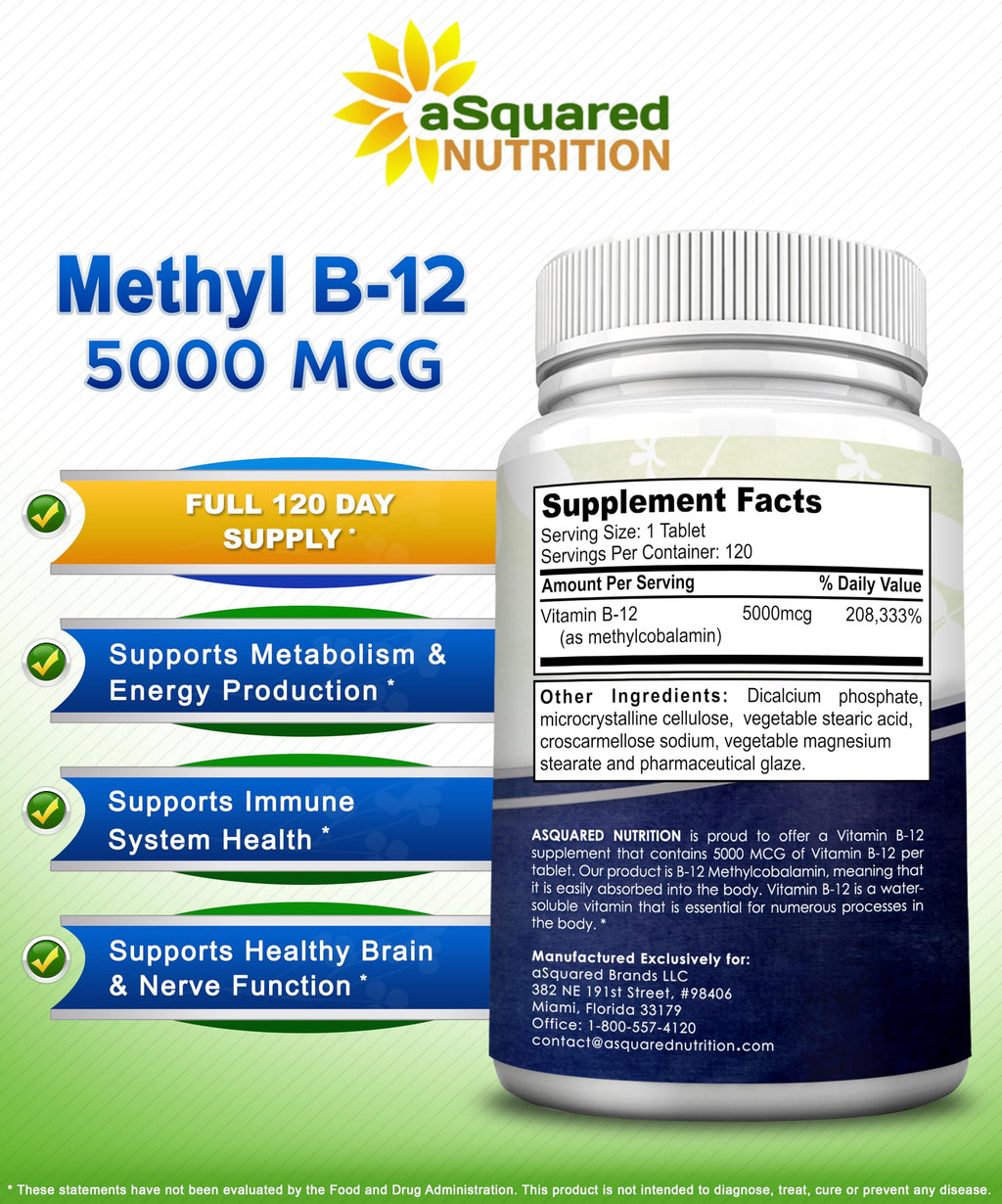 aSquared Nutrition Vitamin B12-5000 MCG Supplement with Methylcobalamin (Methyl B-12) - Max Strength Vitamin B 12 Support to Help Boost Natural Energy,