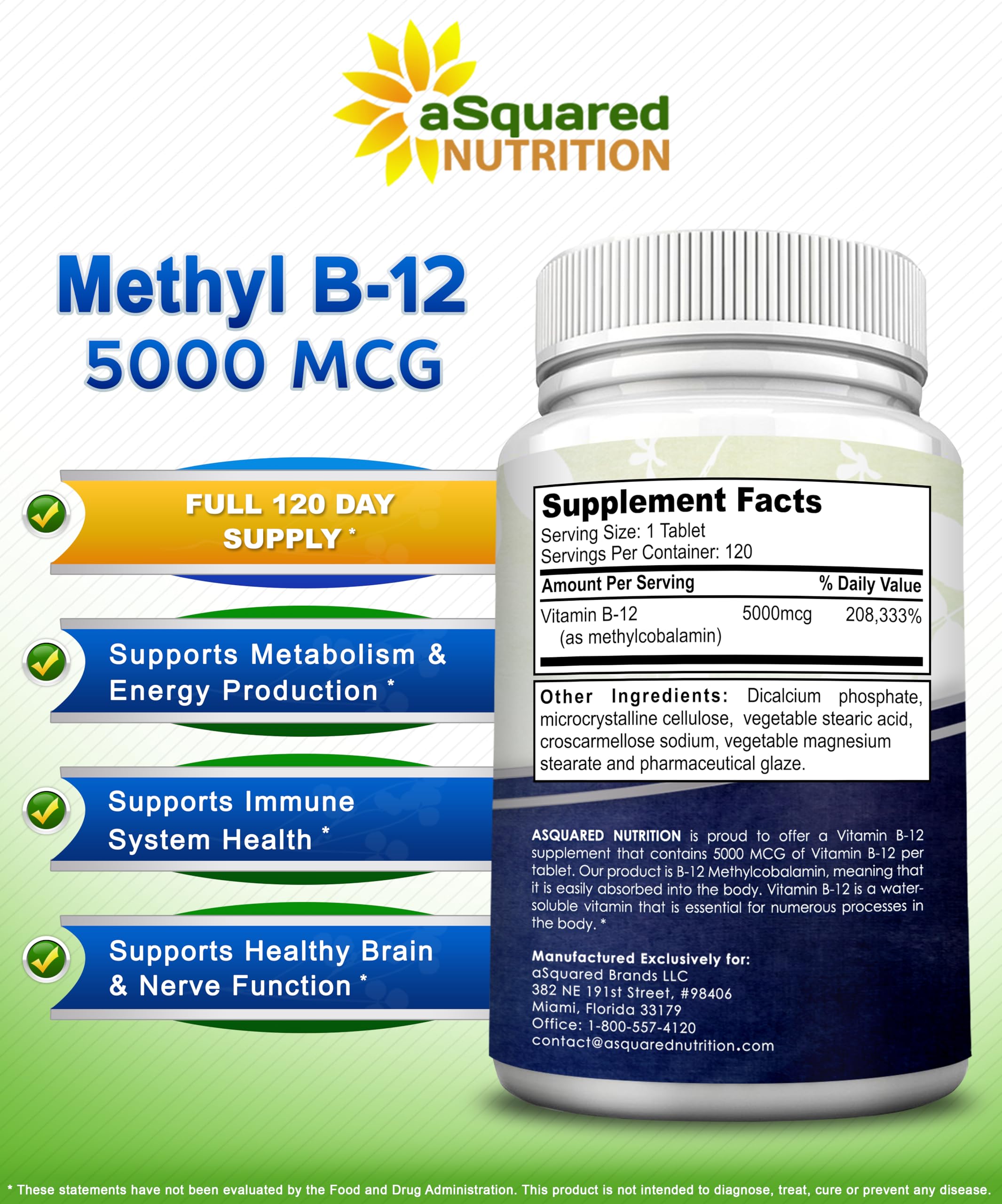aSquared Nutrition Vitamin B12-5000 MCG Supplement with Methylcobalamin (Methyl B-12) - Max Strength Vitamin B 12 Support to Help Boost Natural Energy,