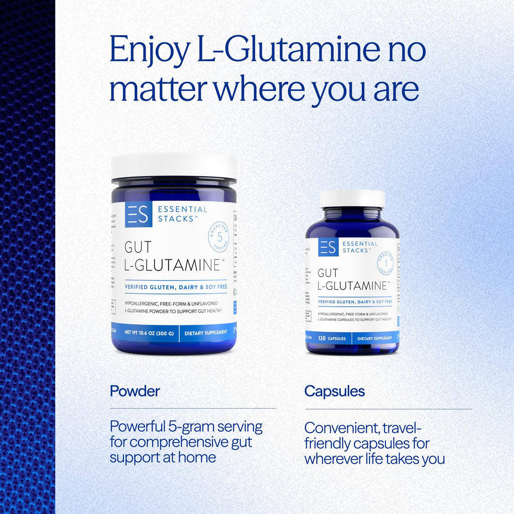 Essential Stacks Gut L-Glutamine Capsules 1000mg (Made in USA) - Gluten, Dairy & Soy Free, Non-GMO L Glutamine for Gut Health - 60 Serves (120 Caps)