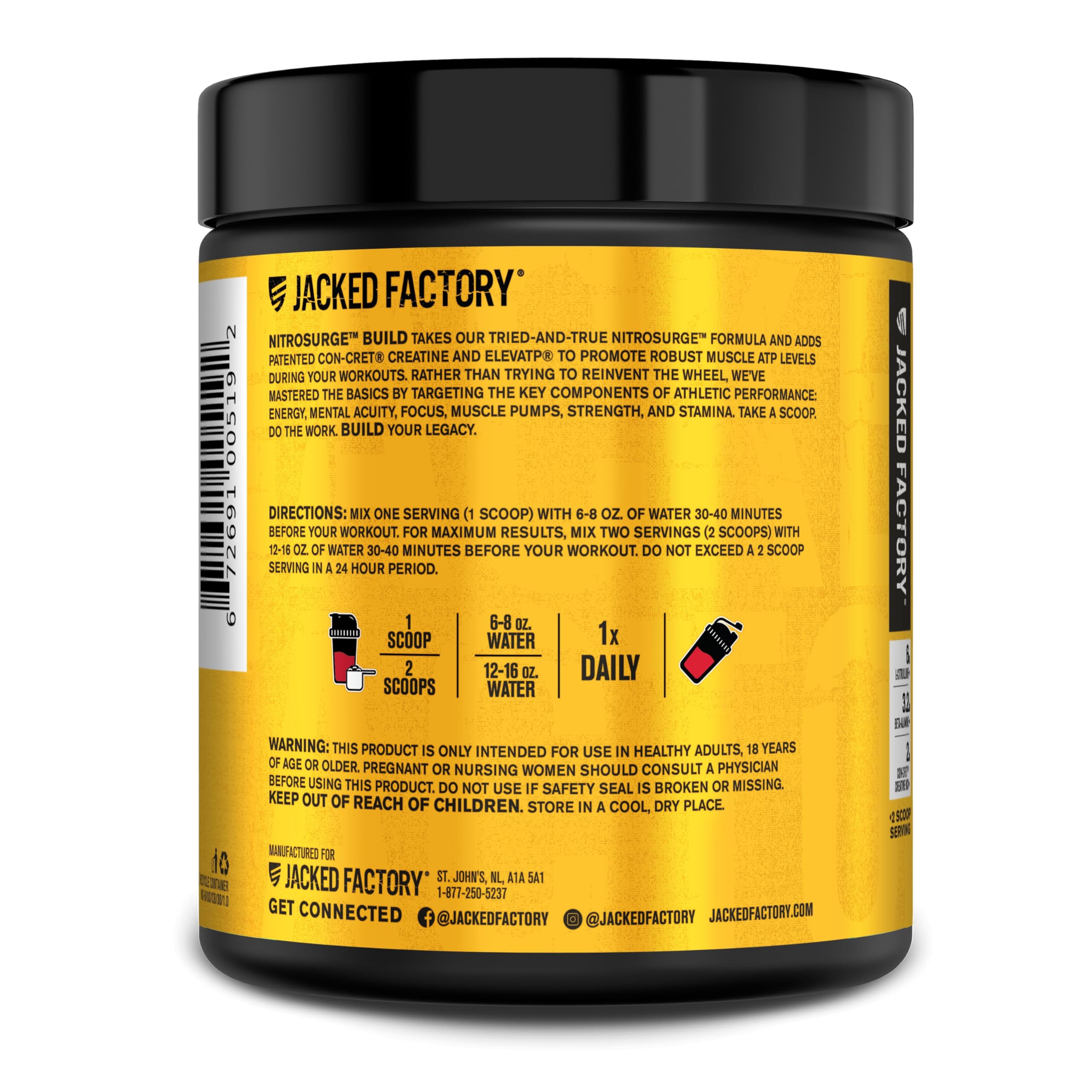 Jacked Factory Nitrosurge Build Pre Workout with Creatine for Muscle Building - Con Cret Creatine Powder & elevATP for Intense Energy, Powerful Pump