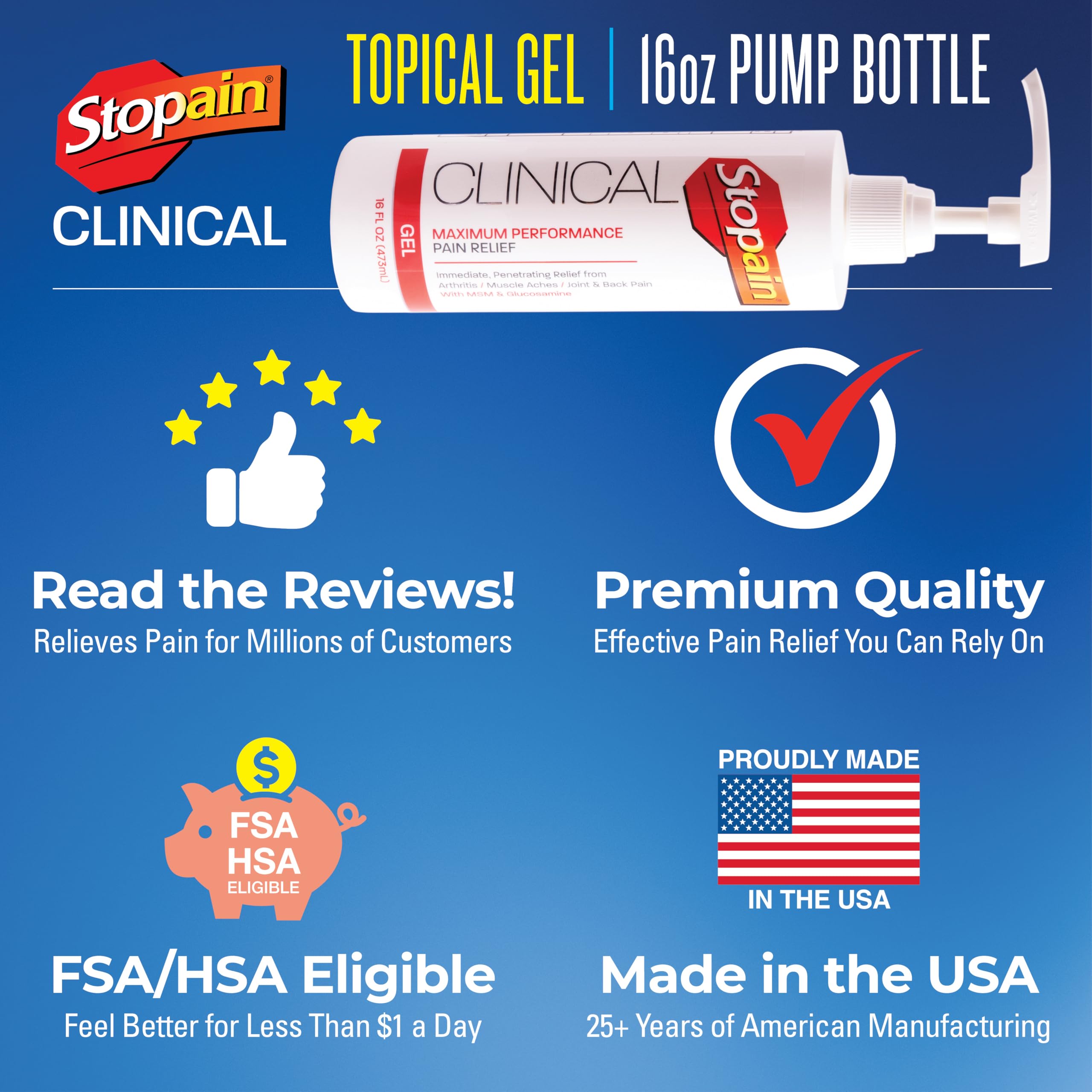 Stopain Clinical Pain Relief Gel 16 oz - Professional Formula for Arthritis, Knee, Back & Muscle Pain - Maximum Strength Gel for Joint & Nerve Pains with 10% Menthol Plus Glucosamine - Made in USA Stopain Au supplements