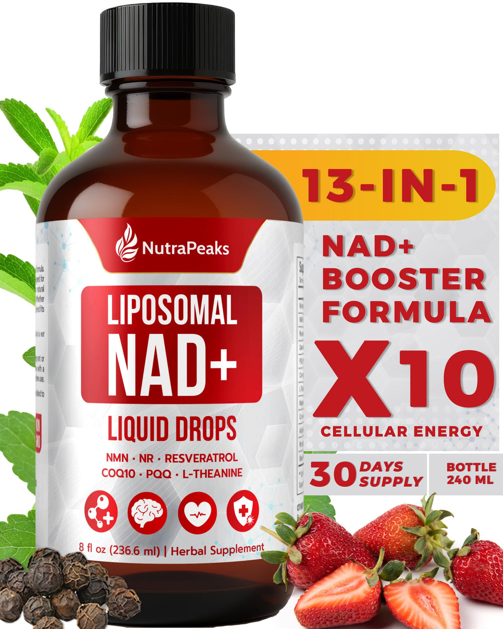 NutraPeaks NAD+ Supplement Liquid - NAD+ Supplement 1000mg, NAD+ Nicotinamide Riboside Resveratrol Supplements with PQQ, NAD+ Berry Flavor Sticks for Anti-Aging, Energy, Focus NutraPeaks Au supplements