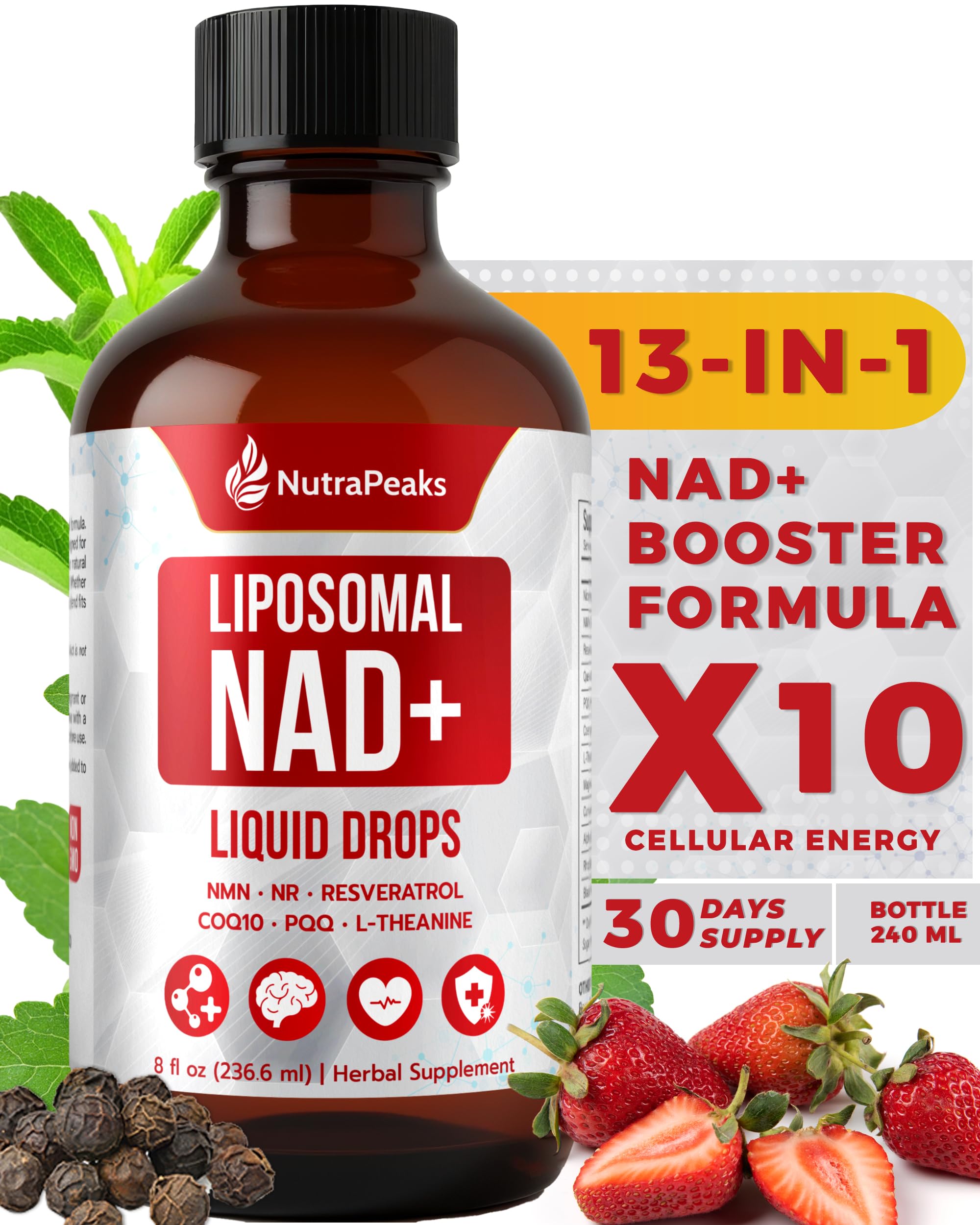 NutraPeaks NAD+ Supplement Liquid - NAD+ Supplement 1000mg, NAD+ Nicotinamide Riboside Resveratrol Supplements with PQQ, NAD+ Berry Flavor Sticks for Anti-Aging, Energy, Focus NutraPeaks Au supplements