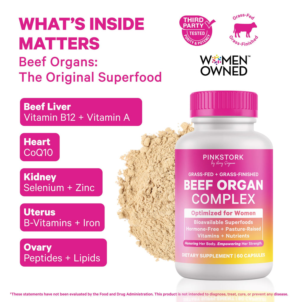 Pink Stork Beef Organ Supplement for Women | Grass-Fed Beef Liver Capsules with Iron, B12, CoQ10, Vitamin A | Primal Multivitamin for Female Hormone + Energy Support | 60 Capsules Pink Stork Au supplements