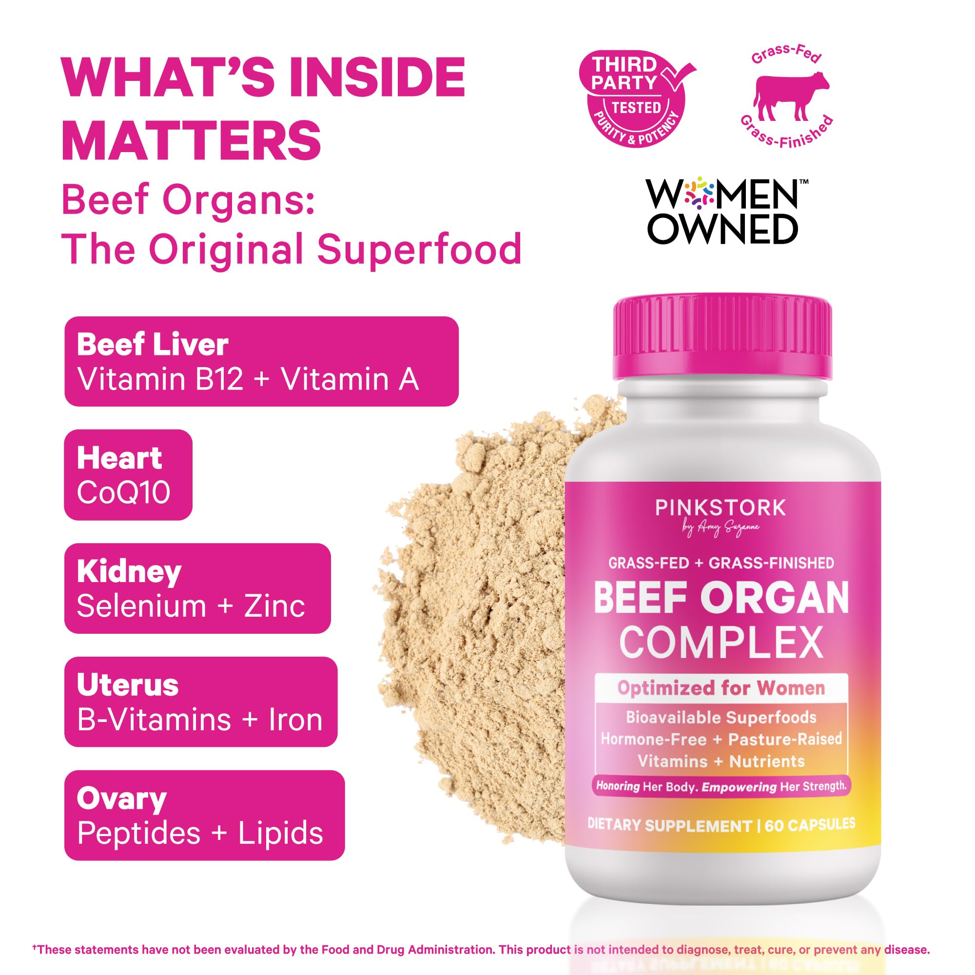 Pink Stork Beef Organ Supplement for Women | Grass-Fed Beef Liver Capsules with Iron, B12, CoQ10, Vitamin A | Primal Multivitamin for Female Hormone + Energy Support | 60 Capsules Pink Stork Au supplements
