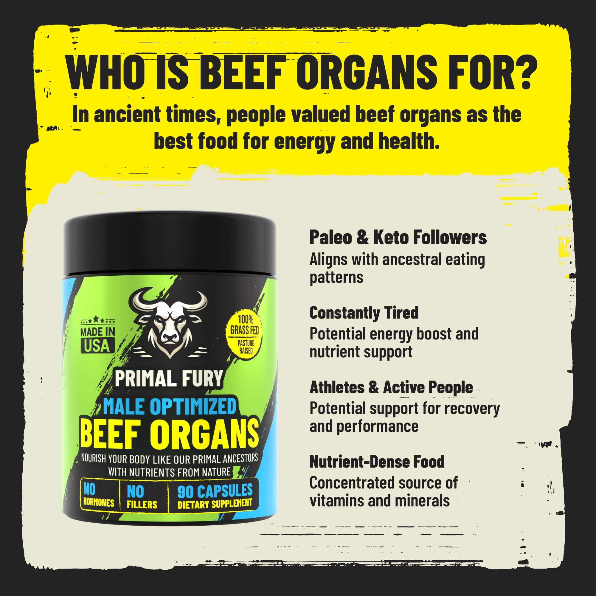 Grass Fed Beef Organ Supplement for Men - Male Optimization Pills - 6 Vital Beef Organs to Drive Prostate Health & Peak Performance, Made in USA, 90 Capsules (2 Pack) PRIMAL FURY Au supplements