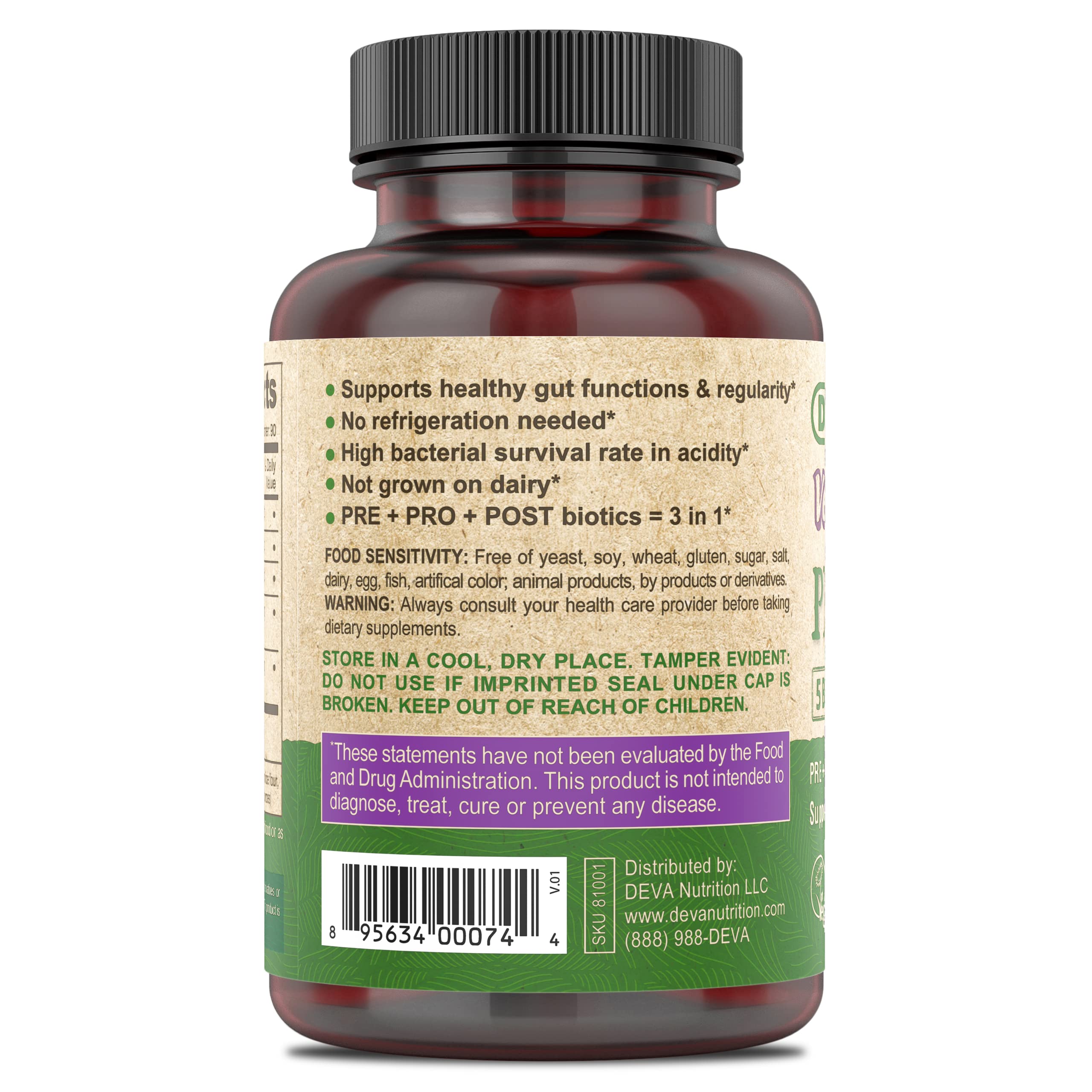 DEVA Vegan Probiotic Supplement - Pre, Pro, and Postbiotics for Digestive Health, 5 Billion CFU, Soil-Based, Spore-Forming, Dairy Free, FOS Prebiotics