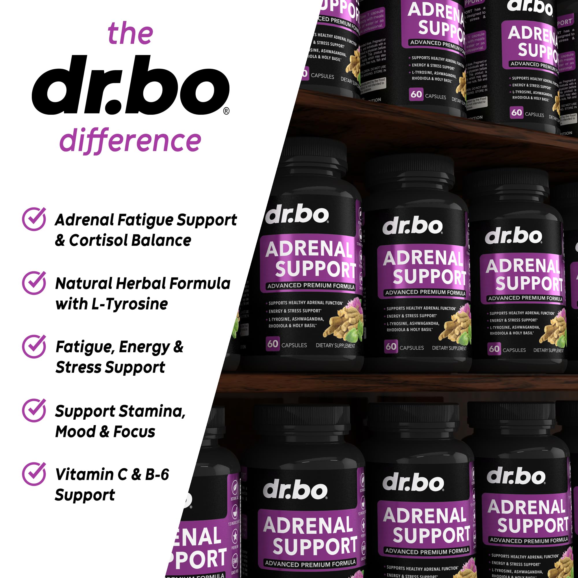 Adrenal Support Cortisol Manager Supplement - Adrenal Fatigue Supplements for Women & Men with Natural Adaptogen Ashwagandha Holy Basil Rhodiola L Tyrosine Complex Fatigue Cortisol Health - 60 Pills DR. BO Au supplements
