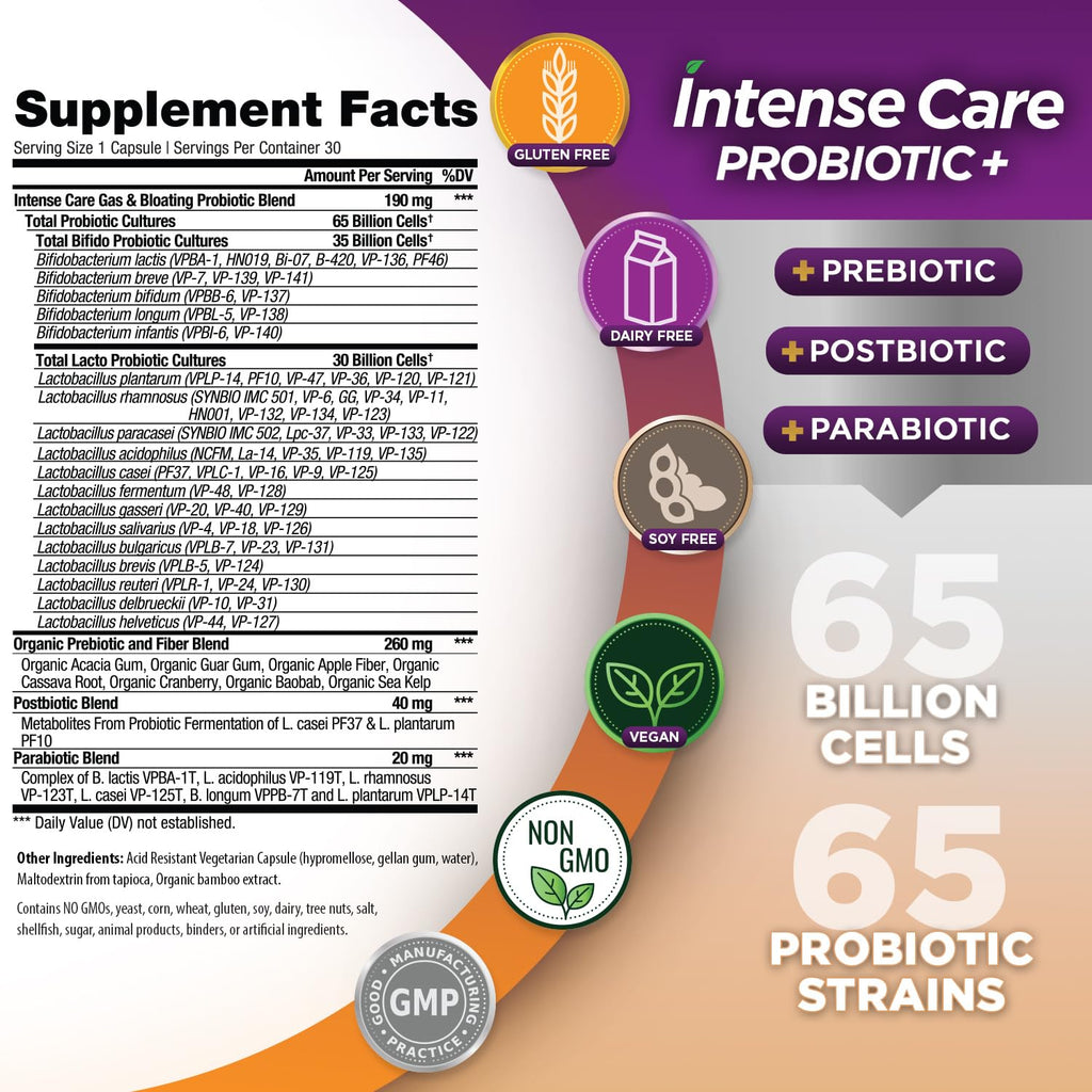 Vital Planet - Intense Care Gas & Bloating Probiotics Plus Organic Prebiotics, Postbiotics, Parabiotics, Complete 4-in-1 Supplement for Adults, 65 Billion CFU, 65 Strains, Digestive and Immune 30 ct Vital Planet Au supplements
