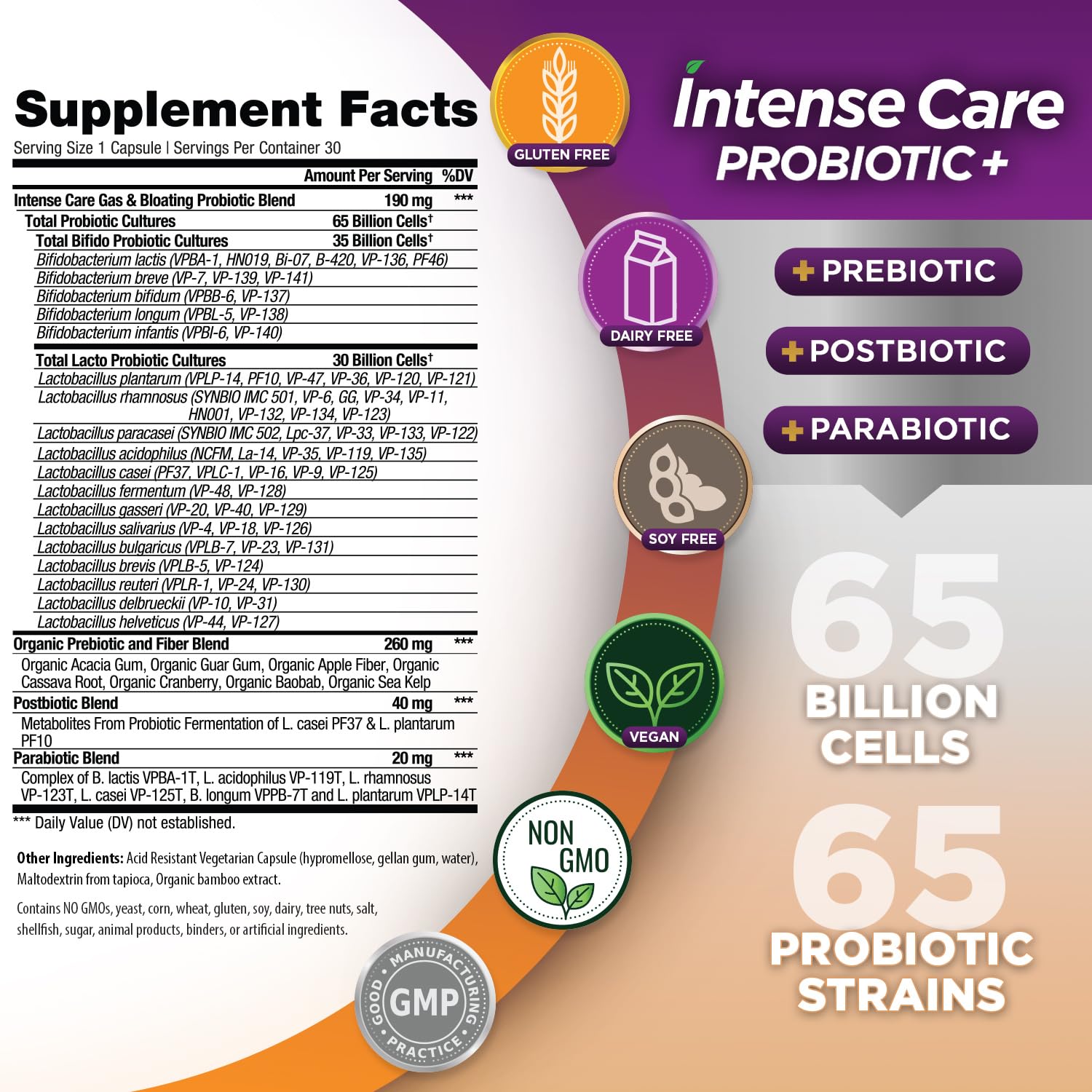 Vital Planet - Intense Care Gas & Bloating Probiotics Plus Organic Prebiotics, Postbiotics, Parabiotics, Complete 4-in-1 Supplement for Adults, 65 Billion CFU, 65 Strains, Digestive and Immune 30 ct Vital Planet Au supplements