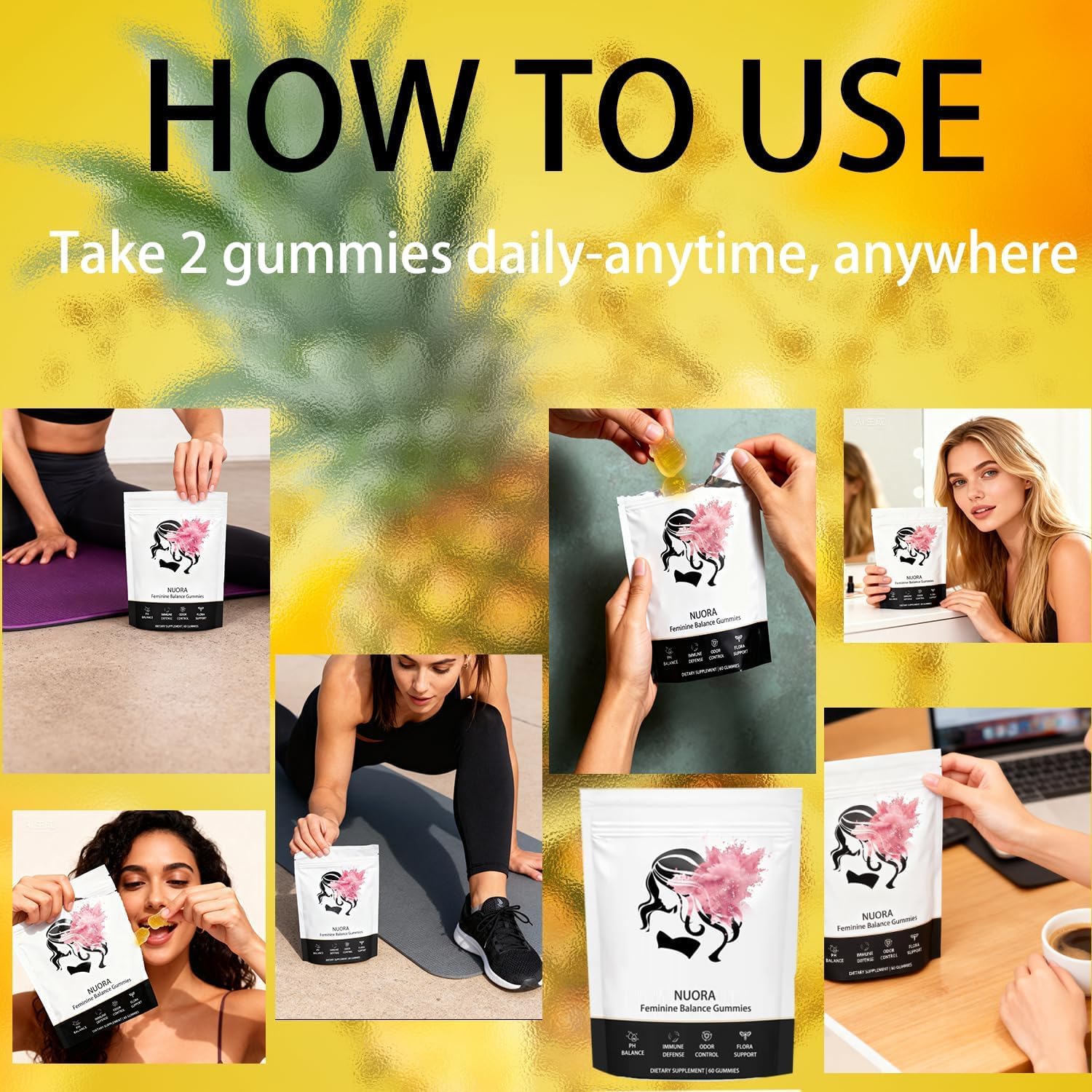 nuora Feminine Balance Gummies, Vegan Hawaiian Pineapple, pH Balance, Healthy Odor, Flora and Immune Support,