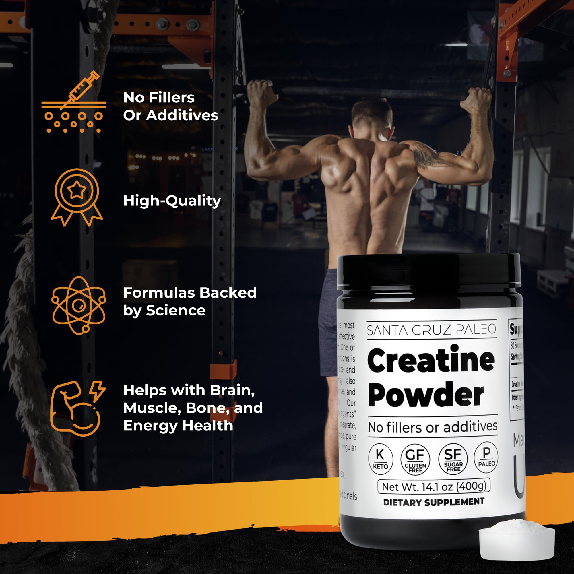 Santa Cruz Paleo, Creatine Monohydrate Powder Micronized, Unflavored Pre Workout and Muscle Support Supplement, Gluten Free Keto, Mix with Water or Shakes