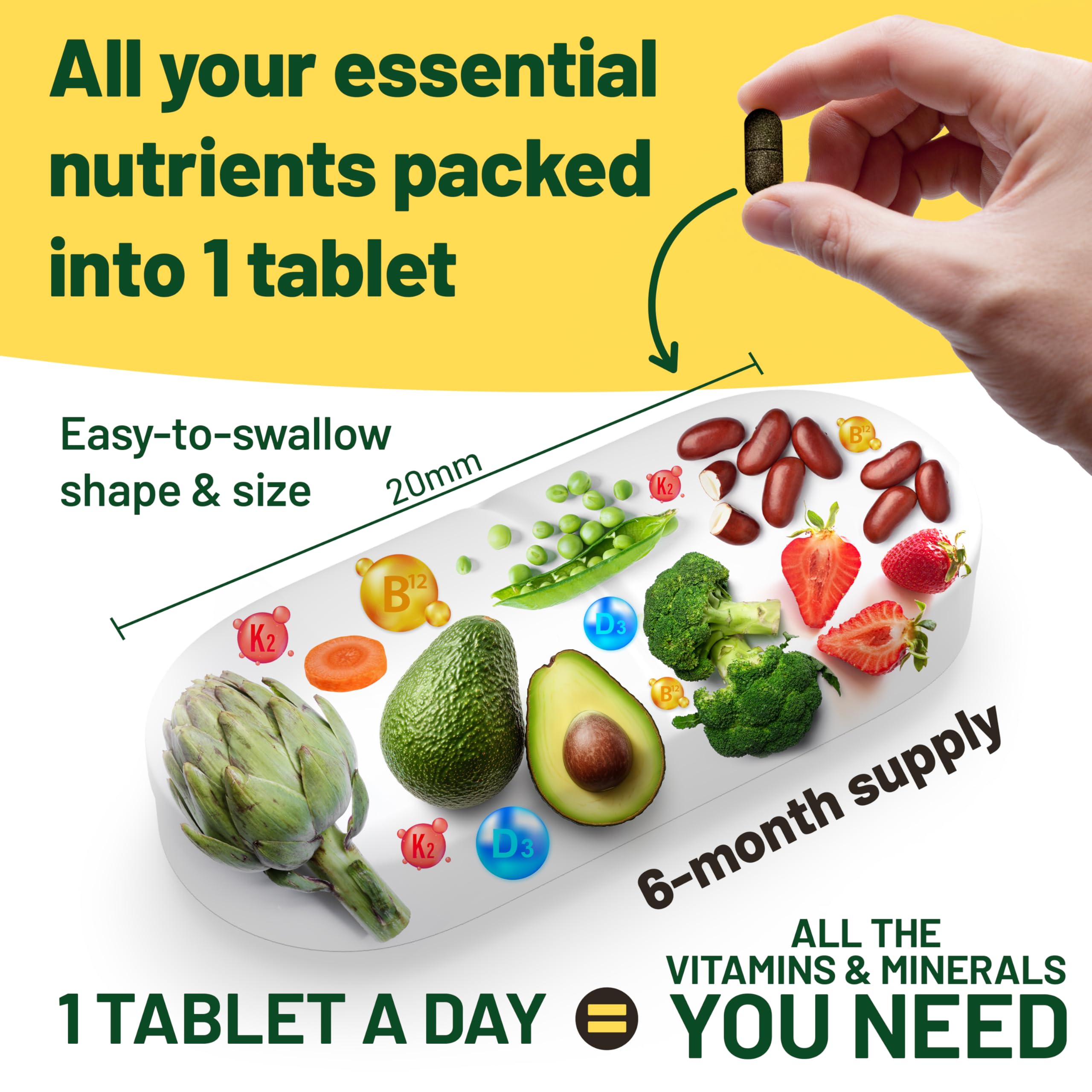 Vegan Vitality Multivitamins & Minerals for Women and Men with High Strength Vitamin B12, D3 & K2. 180 Vegan Multivitamin Tablets - 6 Months Supply