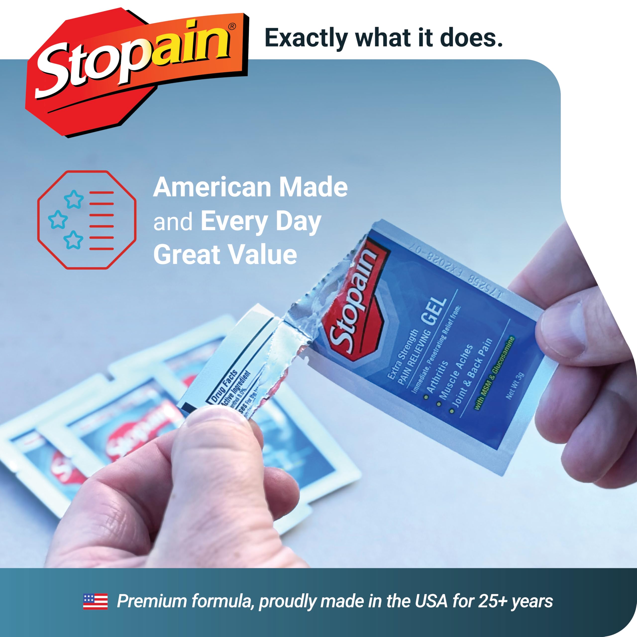 Stopain Pain Relief 3g Gel Packets, 100ct, 8% Menthol, Topical Pain Relief, Knee Pain Relief, Back Pain Relief, and Arthritis Pain Relief, Perfect for Workplace First Aid Cabinets, Made in USA Stopain Au supplements