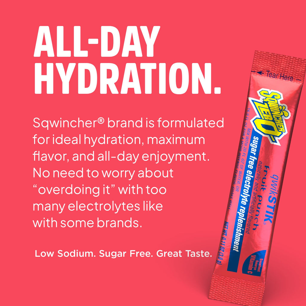Sqwincher Zero Qwik Stik, Fruit Punch, Sugar Free, Low Calorie, Low Sodium Electrolyte Powder Hydration Drink Mix, .11 0z Packet (Pack of 50)
