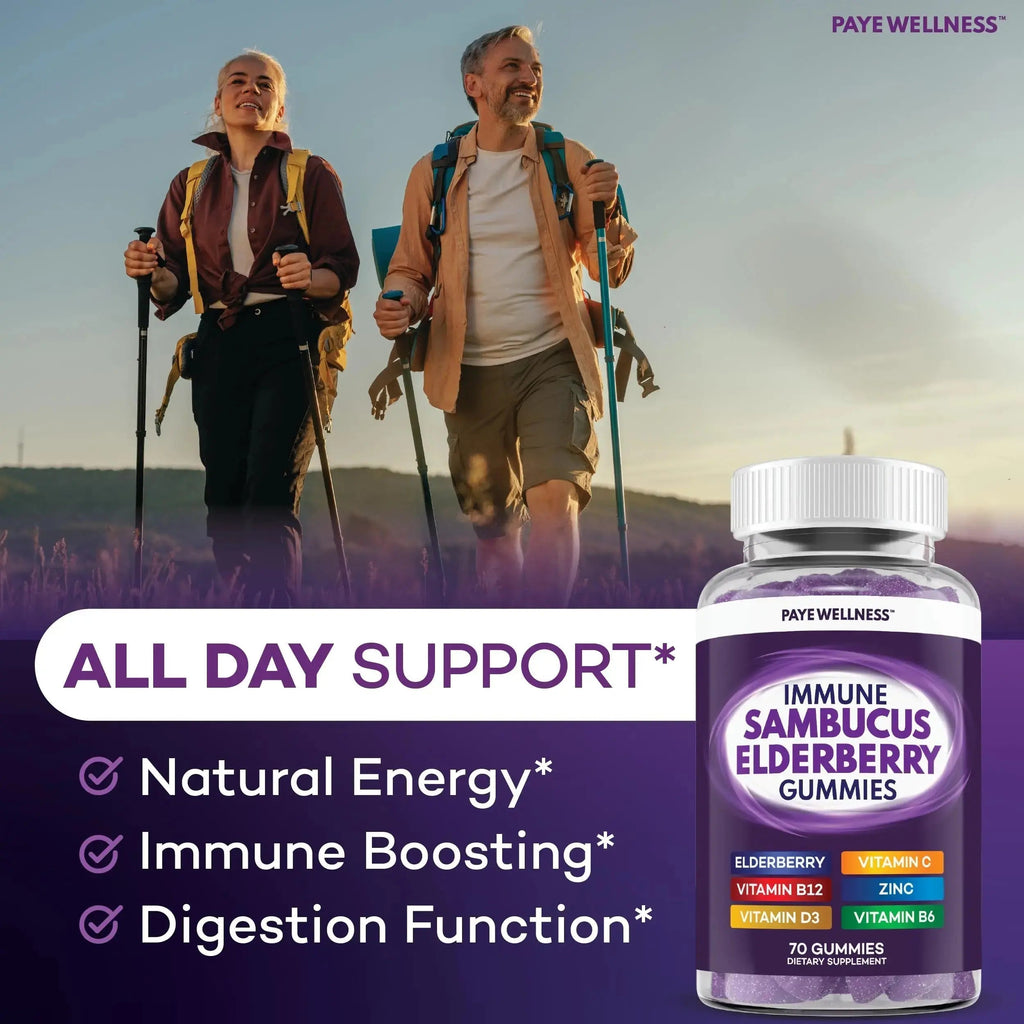 Elderberry Gummies Immune Support, Daily Support for Kids and Adults*, with Sambucus Elderberry, Zinc, Vitamin C, D3, B6, B12, Plus PAYÉ Au supplements